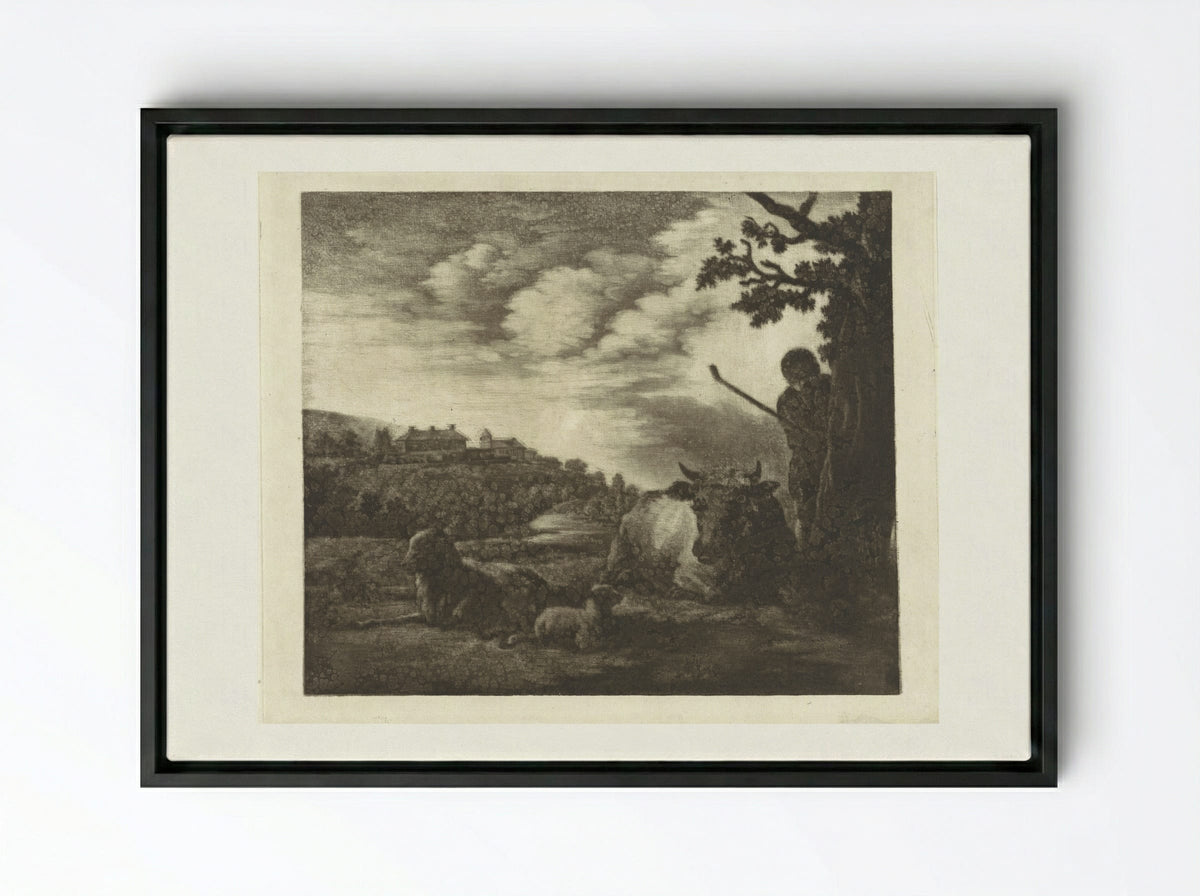 Landschap met een herder - Dirk van der Toorn - Framed Canvas Black
