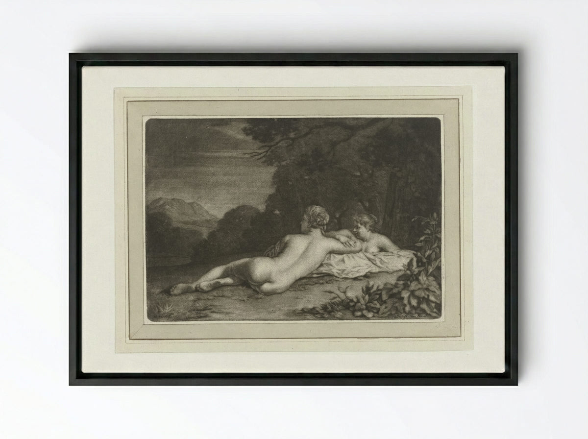 Landschap met twee nimfen - Gerard Valck - Framed Canvas Black