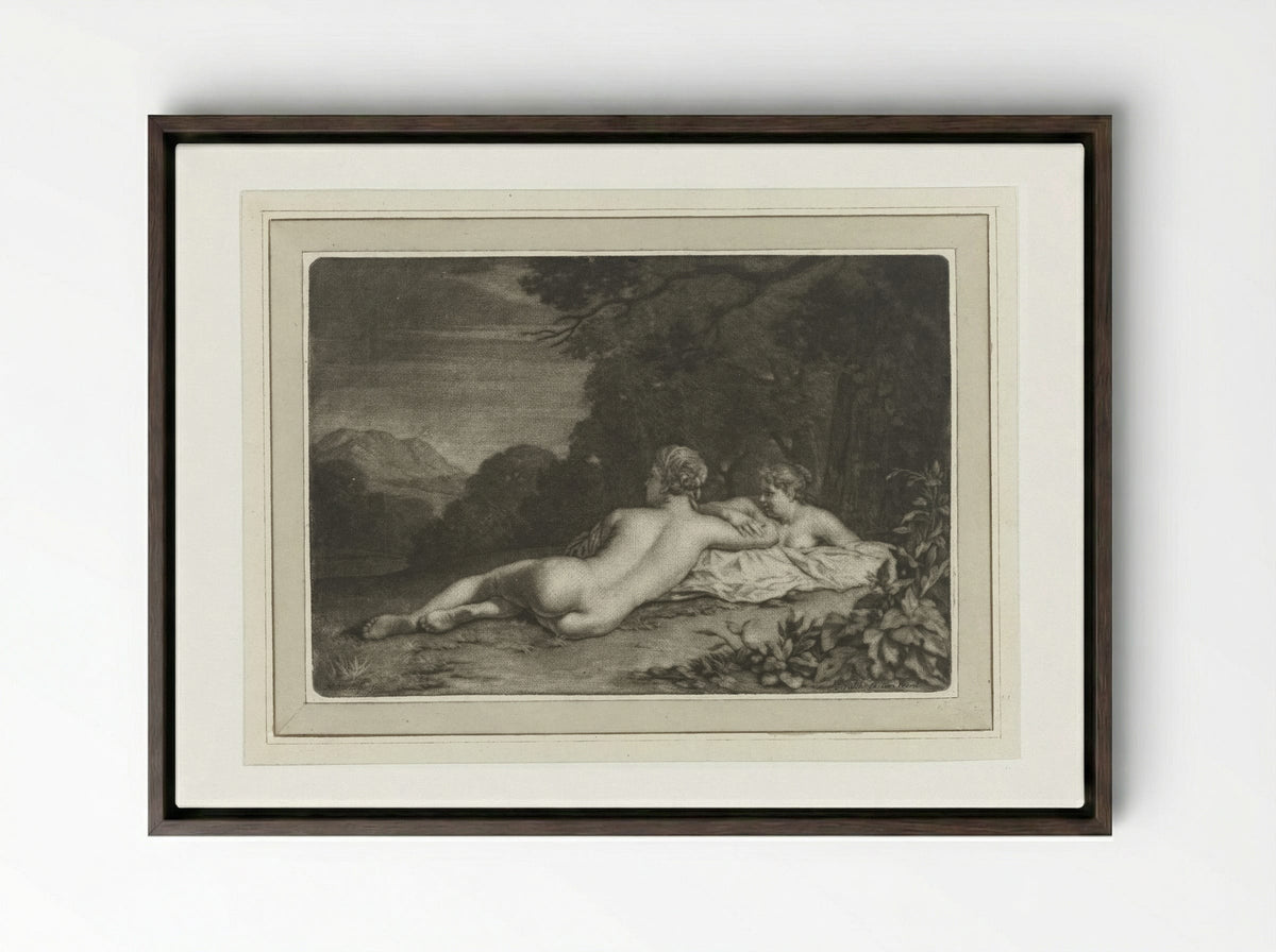 Landschap met twee nimfen - Gerard Valck - Framed Canvas Dark Wood