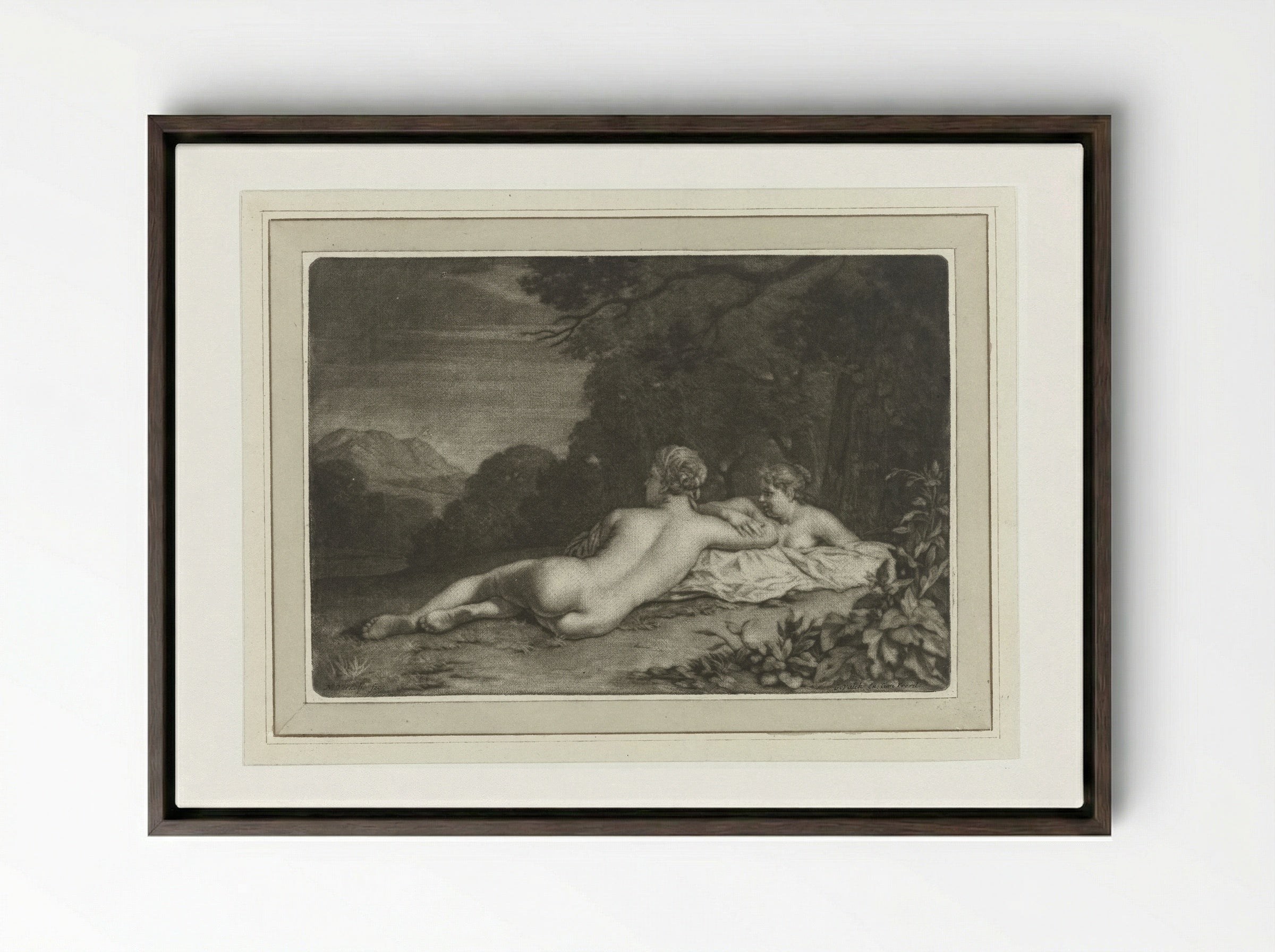 Landschap met twee nimfen - Gerard Valck - Framed Canvas Dark Wood