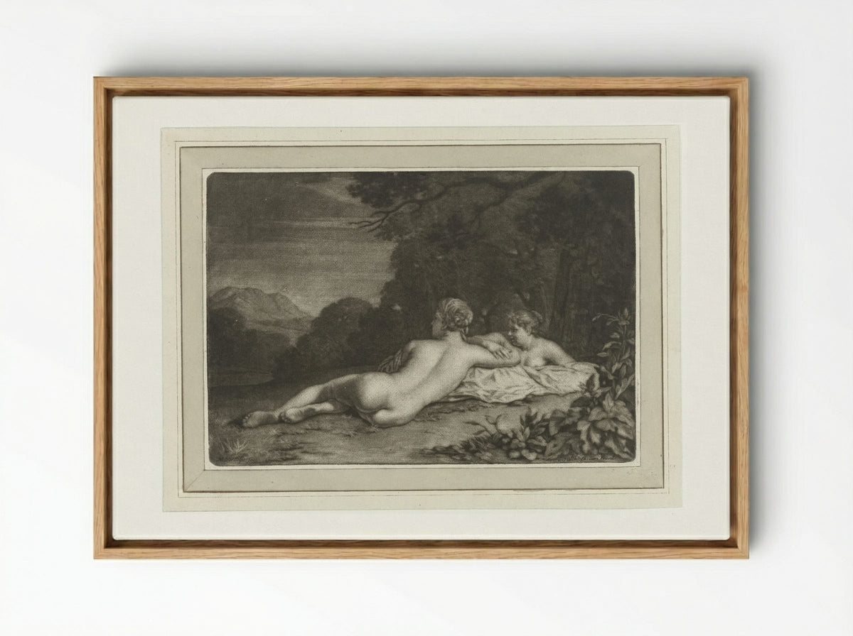Landschap met twee nimfen - Gerard Valck - Framed Canvas Wood