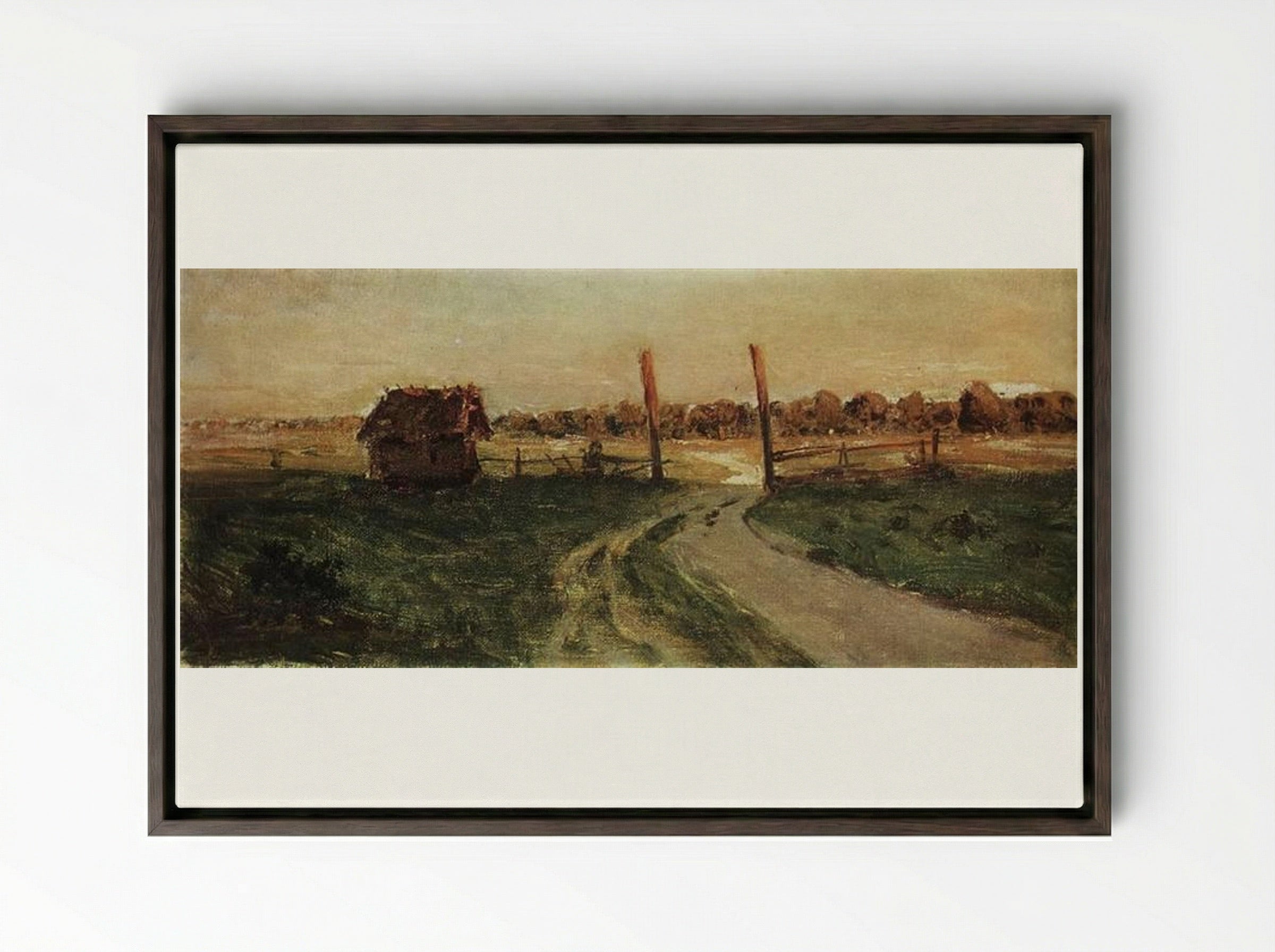 Landscape with an isba - Isaac Levitan - Framed Canvas Dark Wood