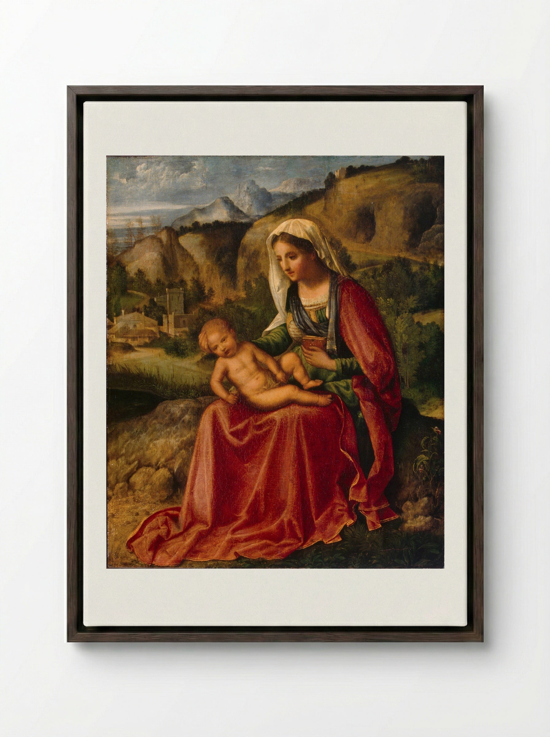 Madonna and Child in a Landscape - Giorgione - Framed Canvas Dark Wood