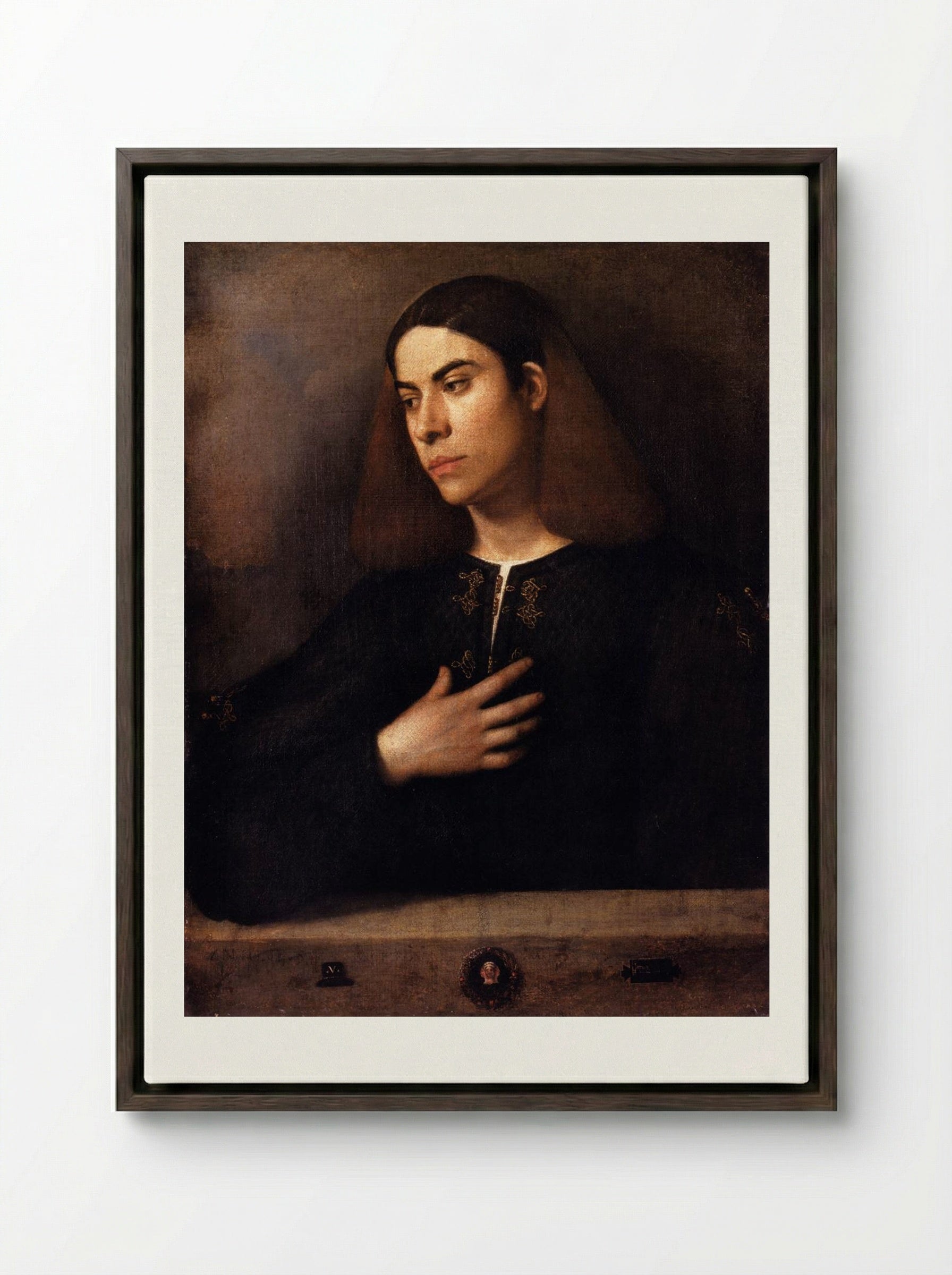 Portrait of a Youth (Antonio Broccardo) - Giorgione - Framed Canvas Dark Wood
