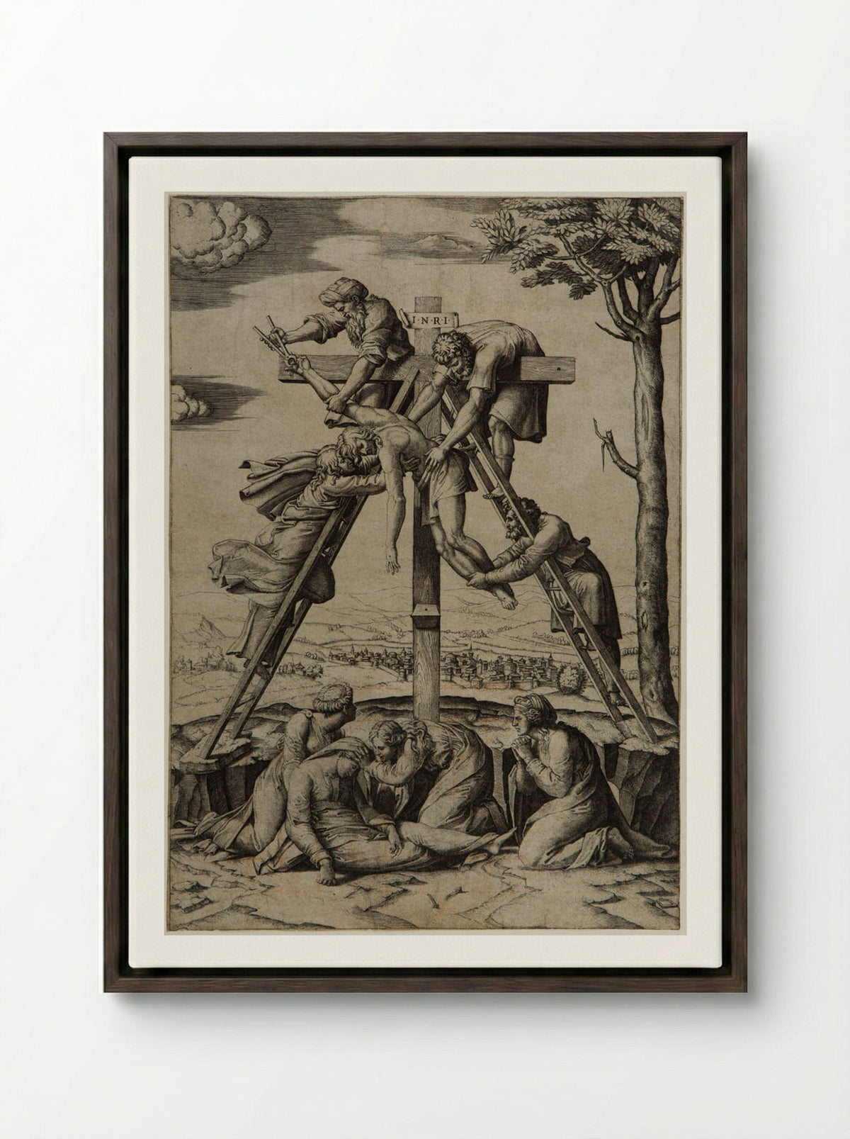 The Deposition from the Cross - Marcantonio Raimondi - Framed Canvas Dark Wood