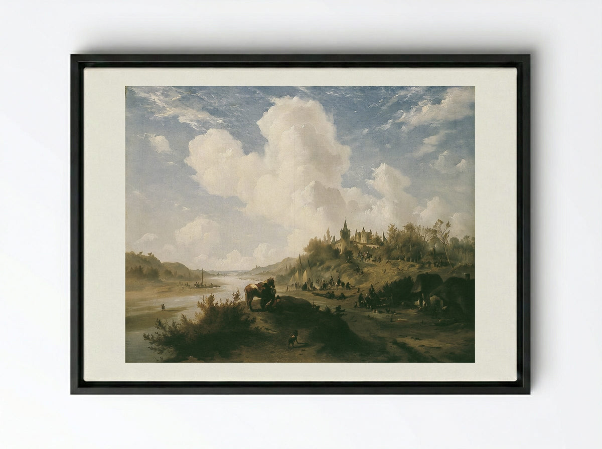 River Scene with Figures and Castle - Johannes Tavenraat - Framed Canvas Black