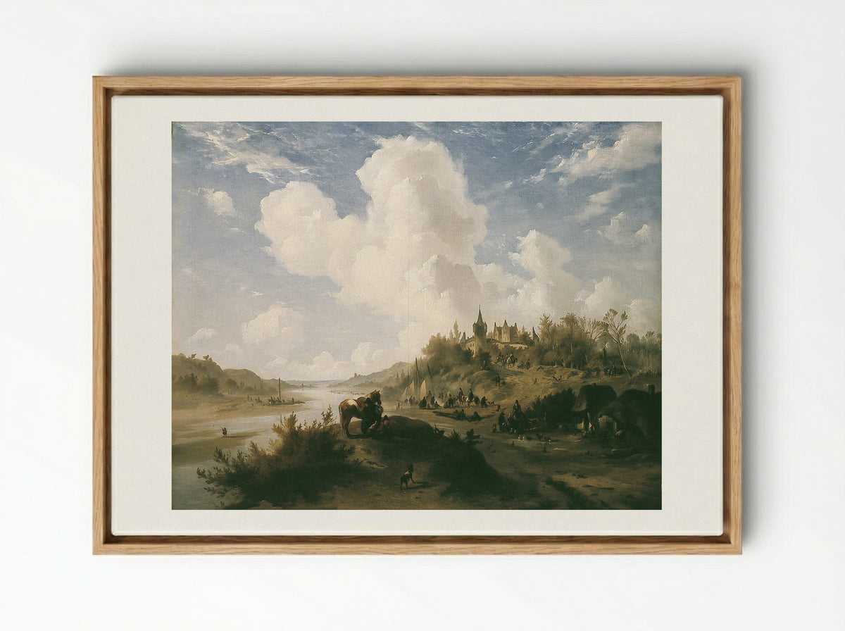 River Scene with Figures and Castle - Johannes Tavenraat - Framed Canvas Wood