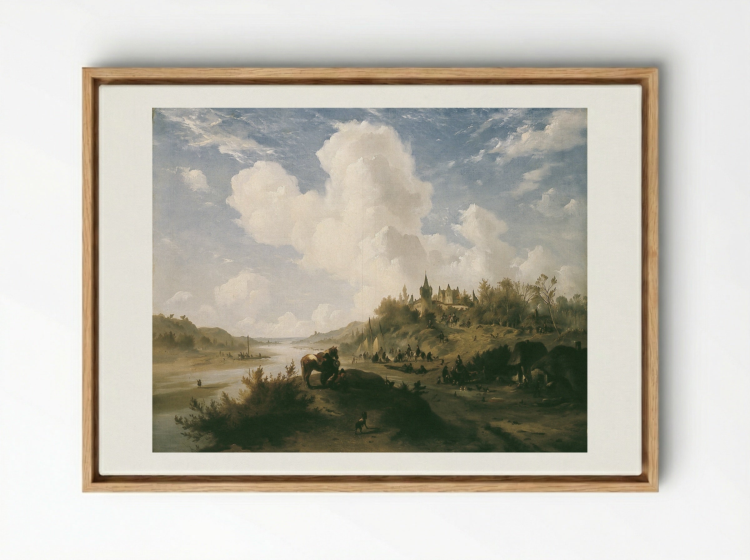 River Scene with Figures and Castle - Johannes Tavenraat - Framed Canvas Wood