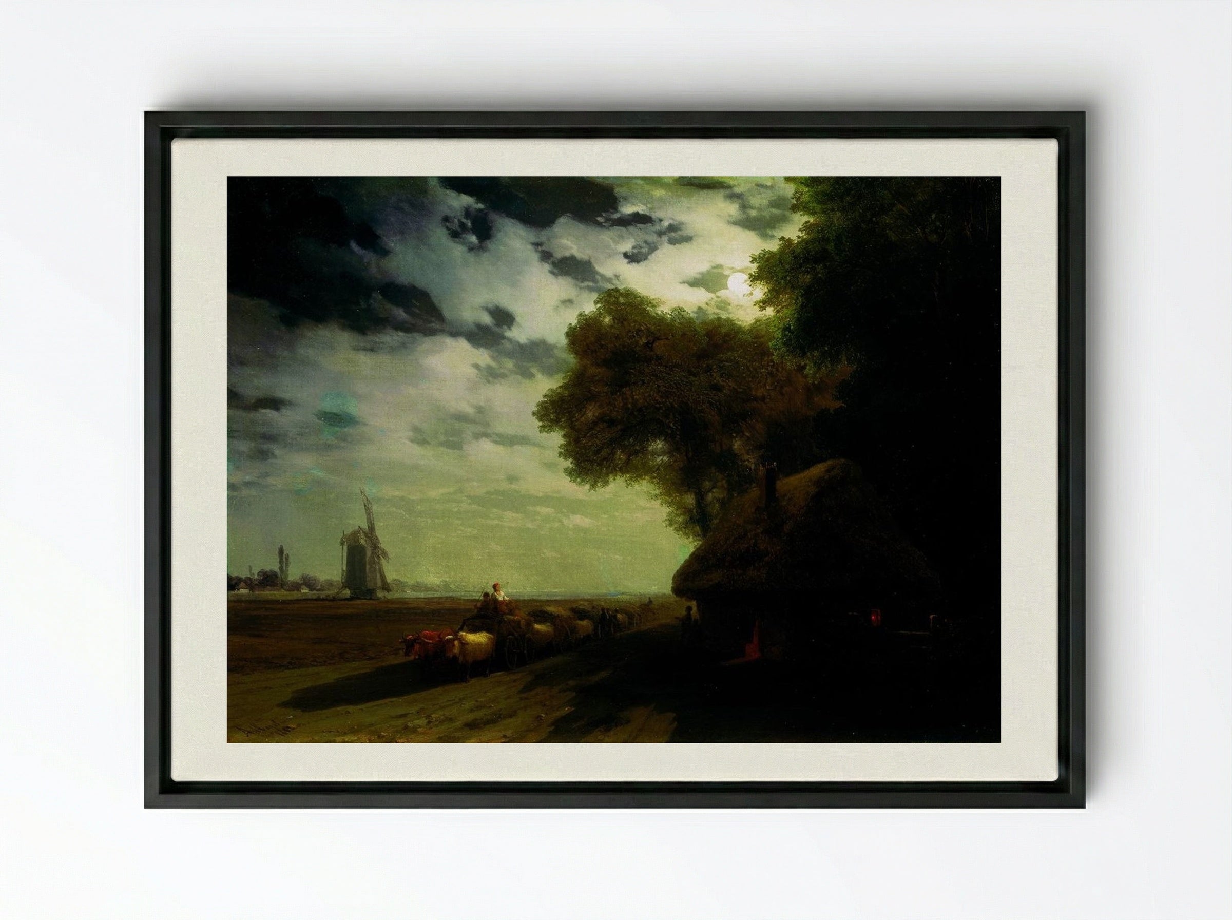 Ukrainian Landscape with Chumaks in the Moonlight - Ivan Aivazovsky - Framed Canvas Black