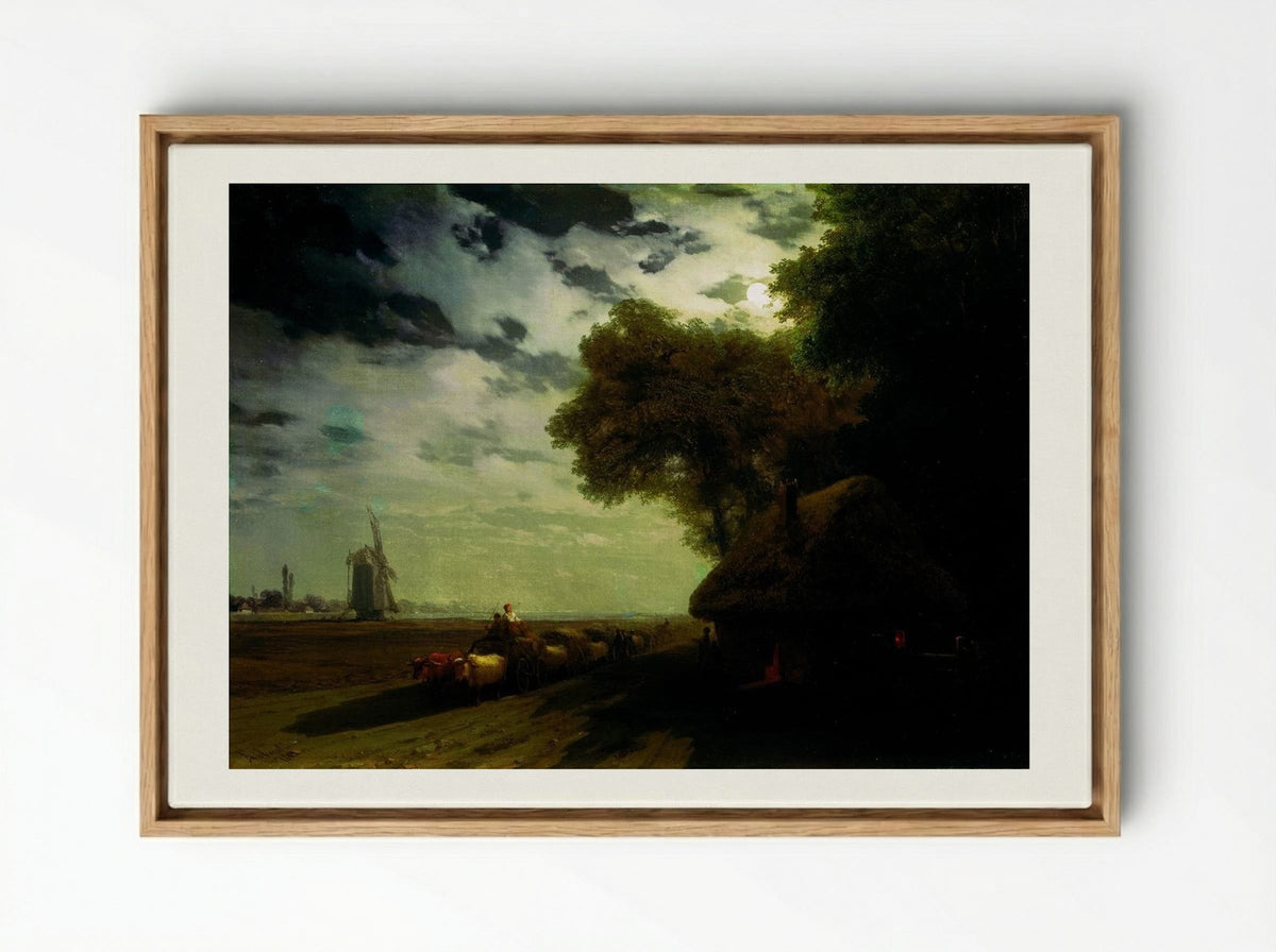 Ukrainian Landscape with Chumaks in the Moonlight - Ivan Aivazovsky - Framed Canvas Wood