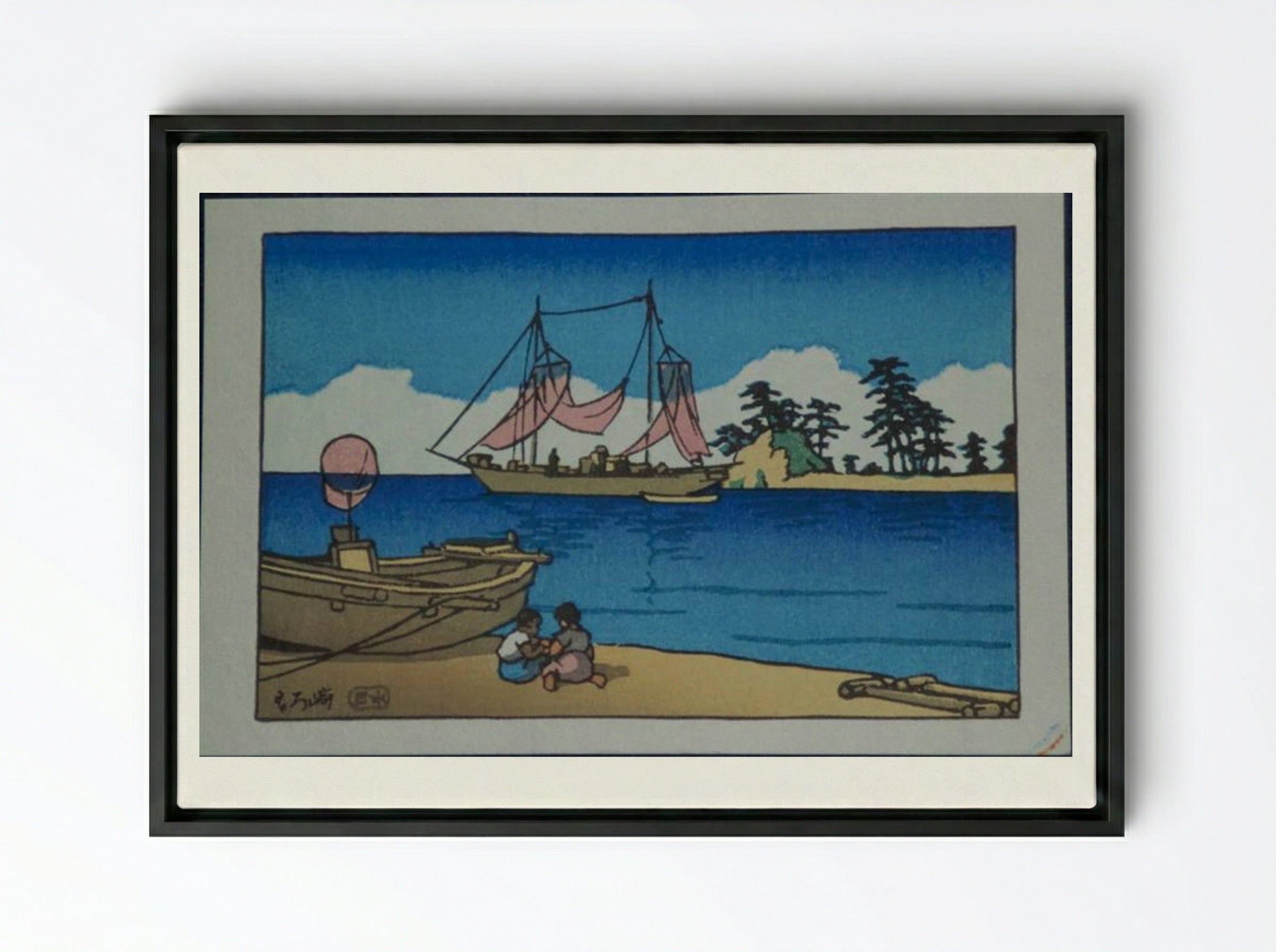 Children at the Seaside - Hasui Kawase - Framed Canvas Black