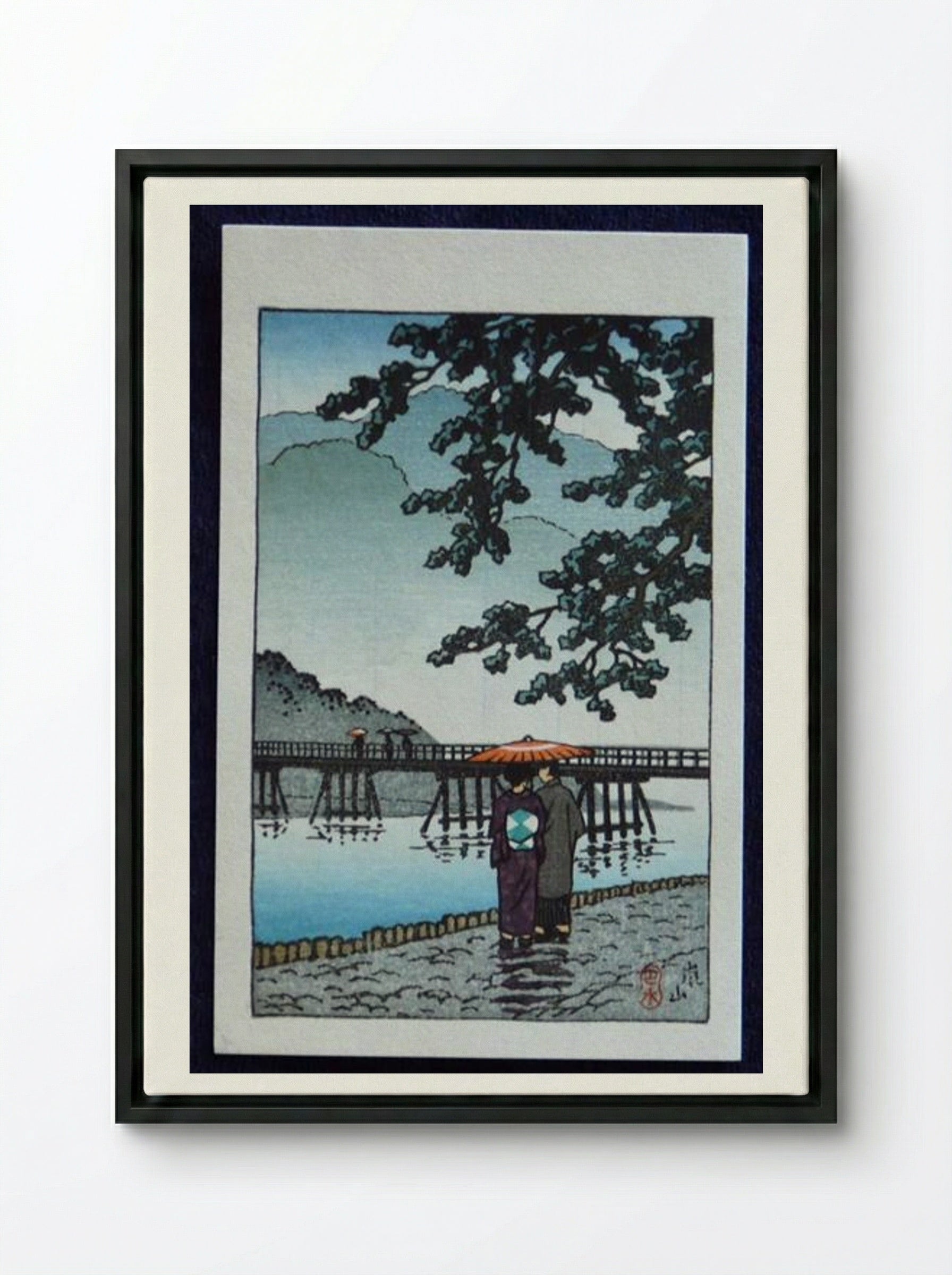 Light Rain at Arishiyama - Hasui Kawase - Framed Canvas Black