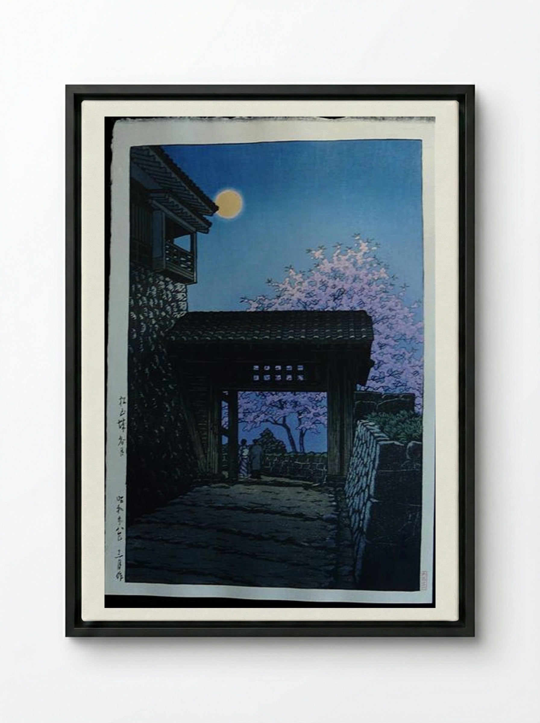 Full Moon and Cherry Blossom at Matsuyama Castle - Hasui Kawase - Framed Canvas Black