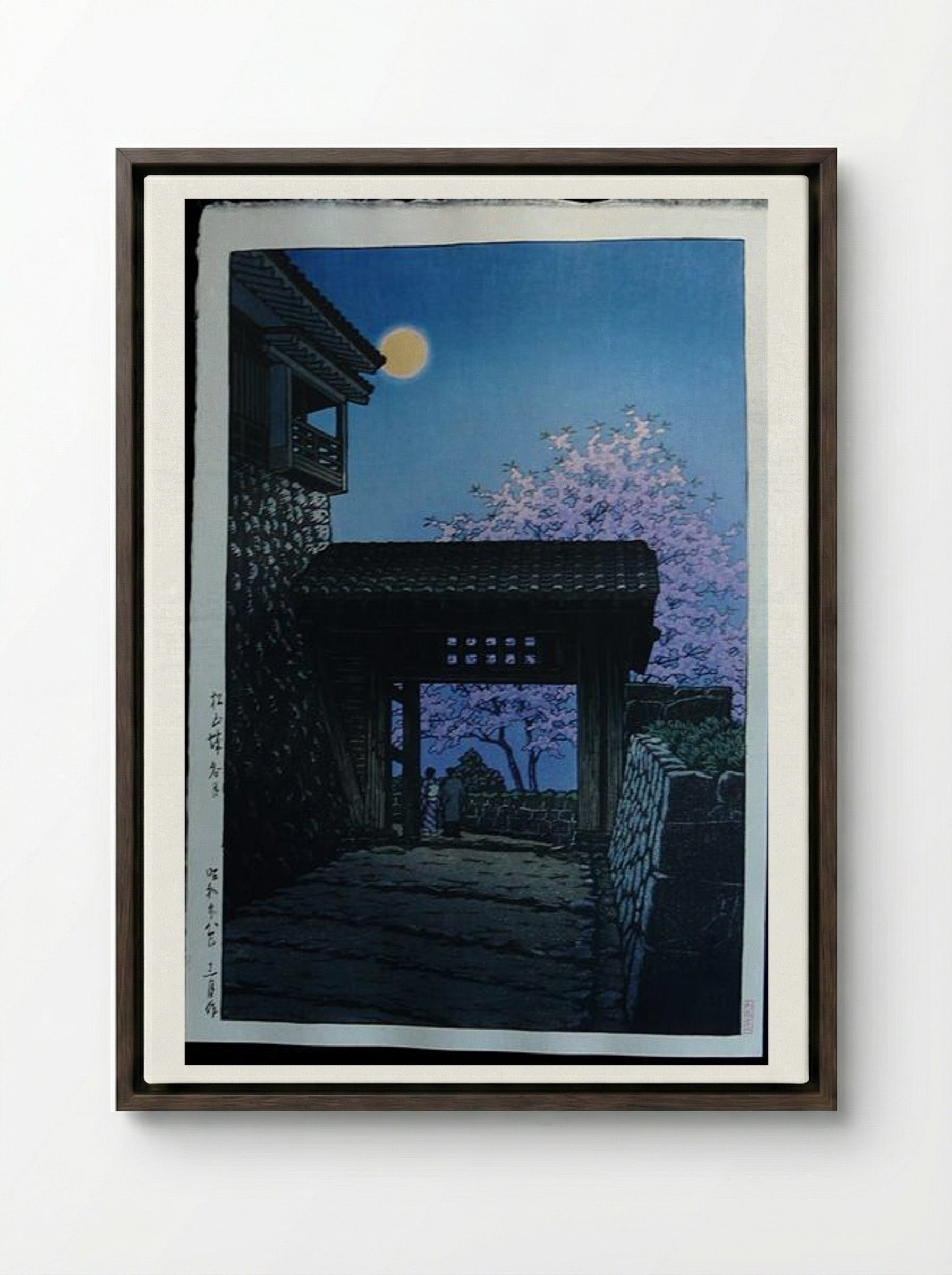Full Moon and Cherry Blossom at Matsuyama Castle - Hasui Kawase - Framed Canvas Dark Wood