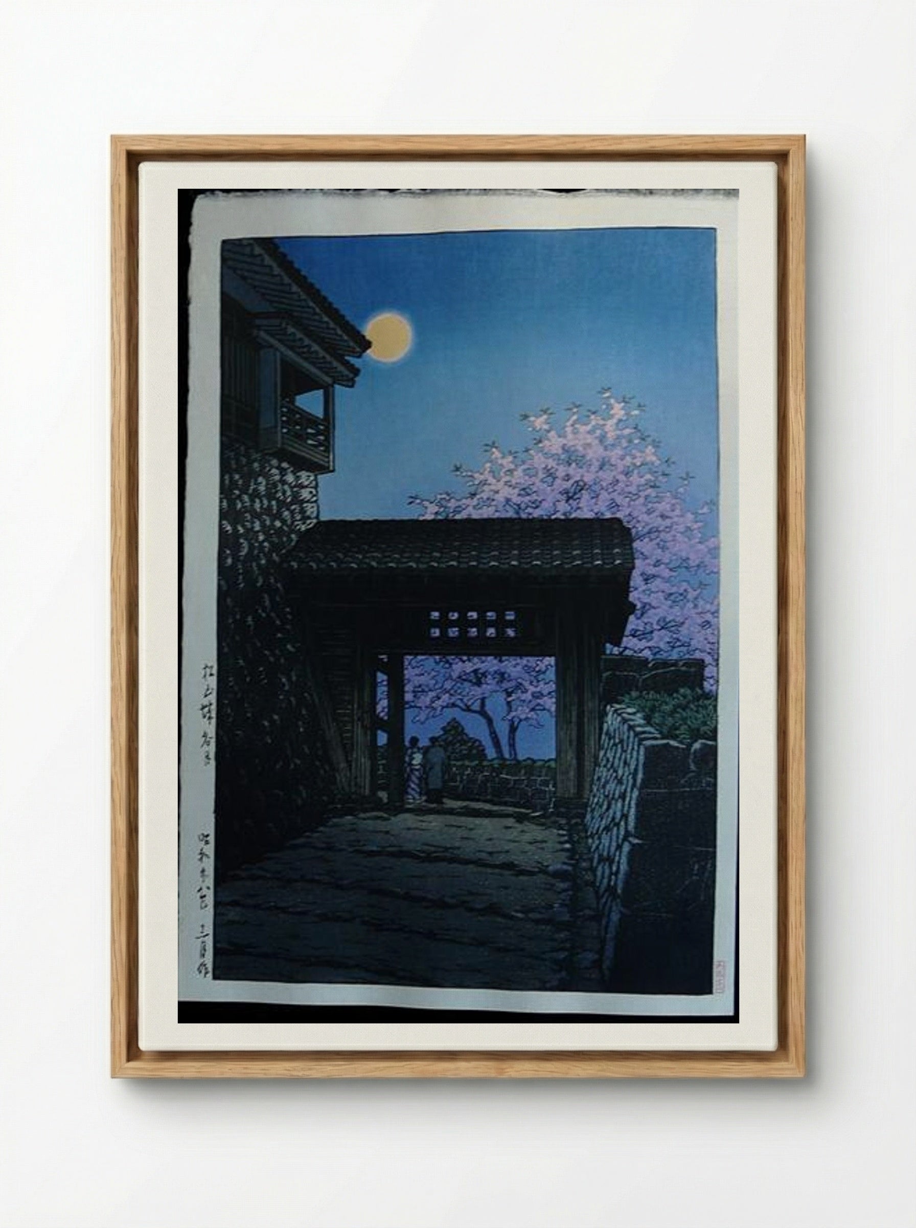 Full Moon and Cherry Blossom at Matsuyama Castle - Hasui Kawase - Framed Canvas Wood