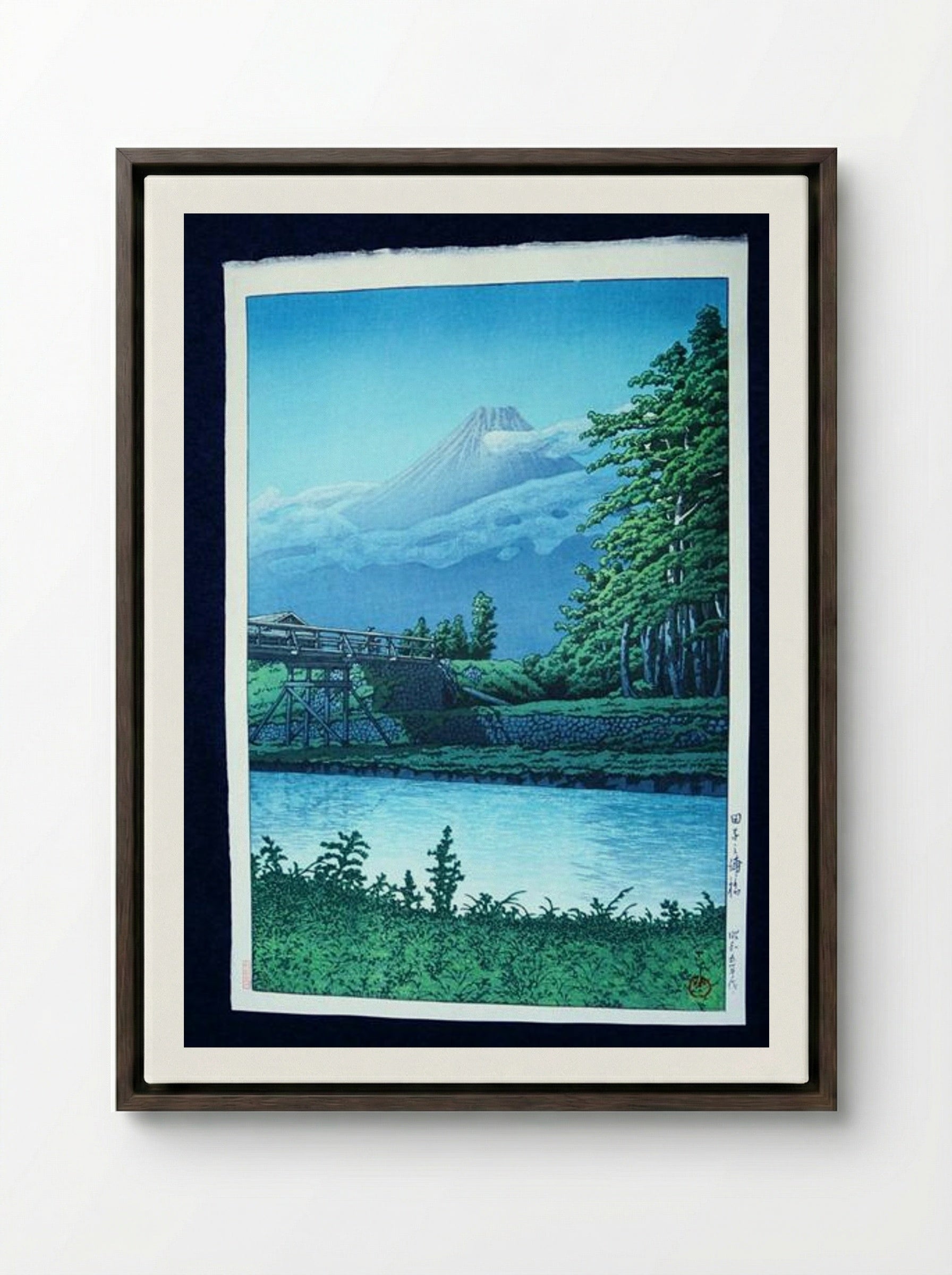 Mount Fuji from Taganora Bridge - Hasui Kawase - Framed Canvas Dark Wood