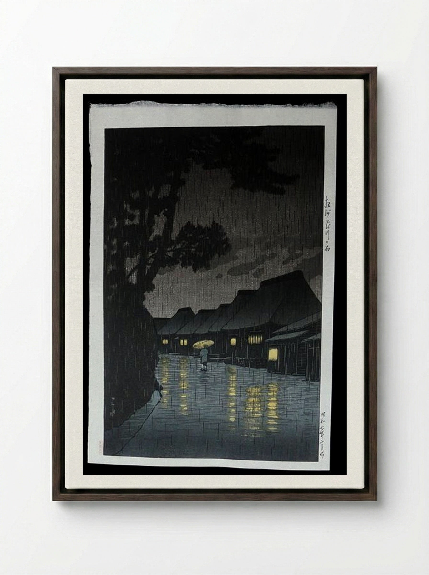 Rainy Night at Maekawa - Hasui Kawase - Framed Canvas Dark Wood