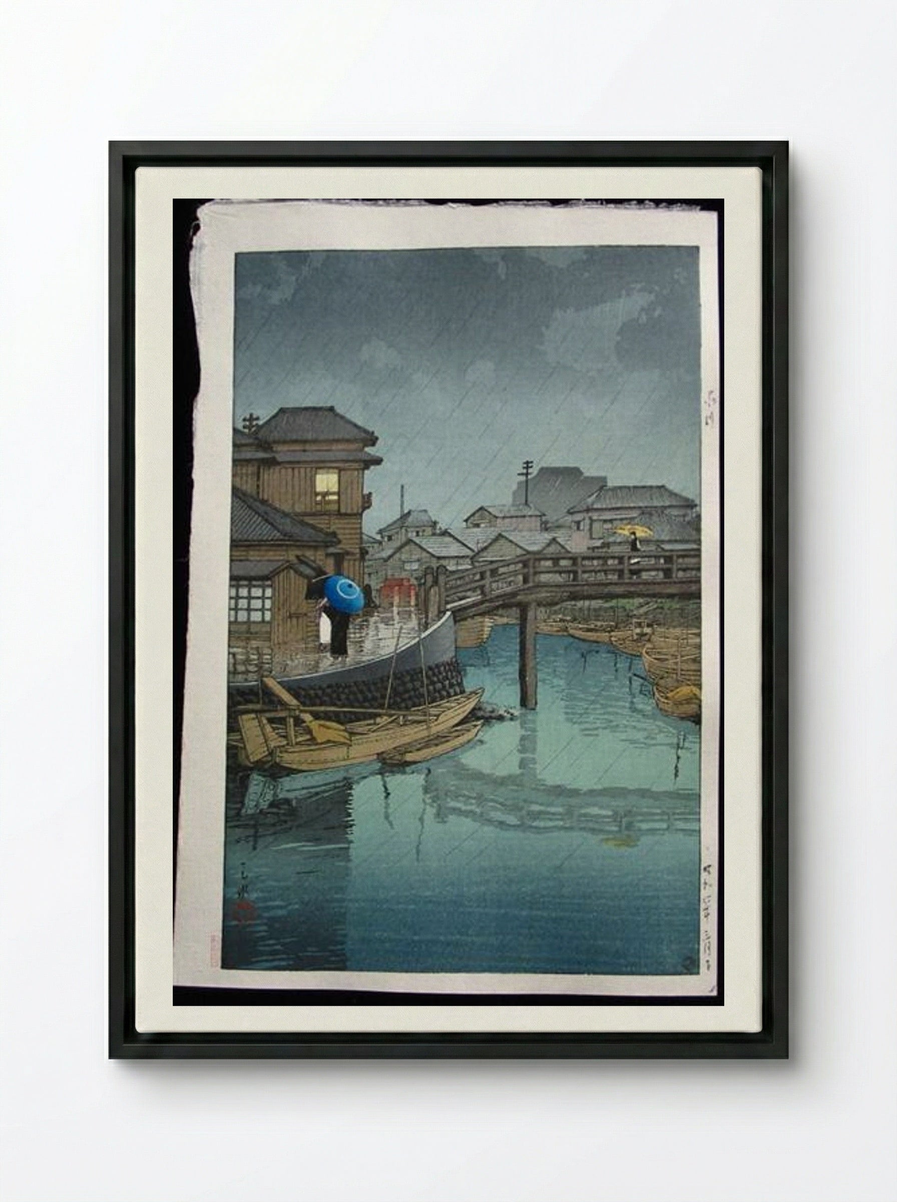 Rainy Season at Ryoshimachi - Hasui Kawase - Framed Canvas Black