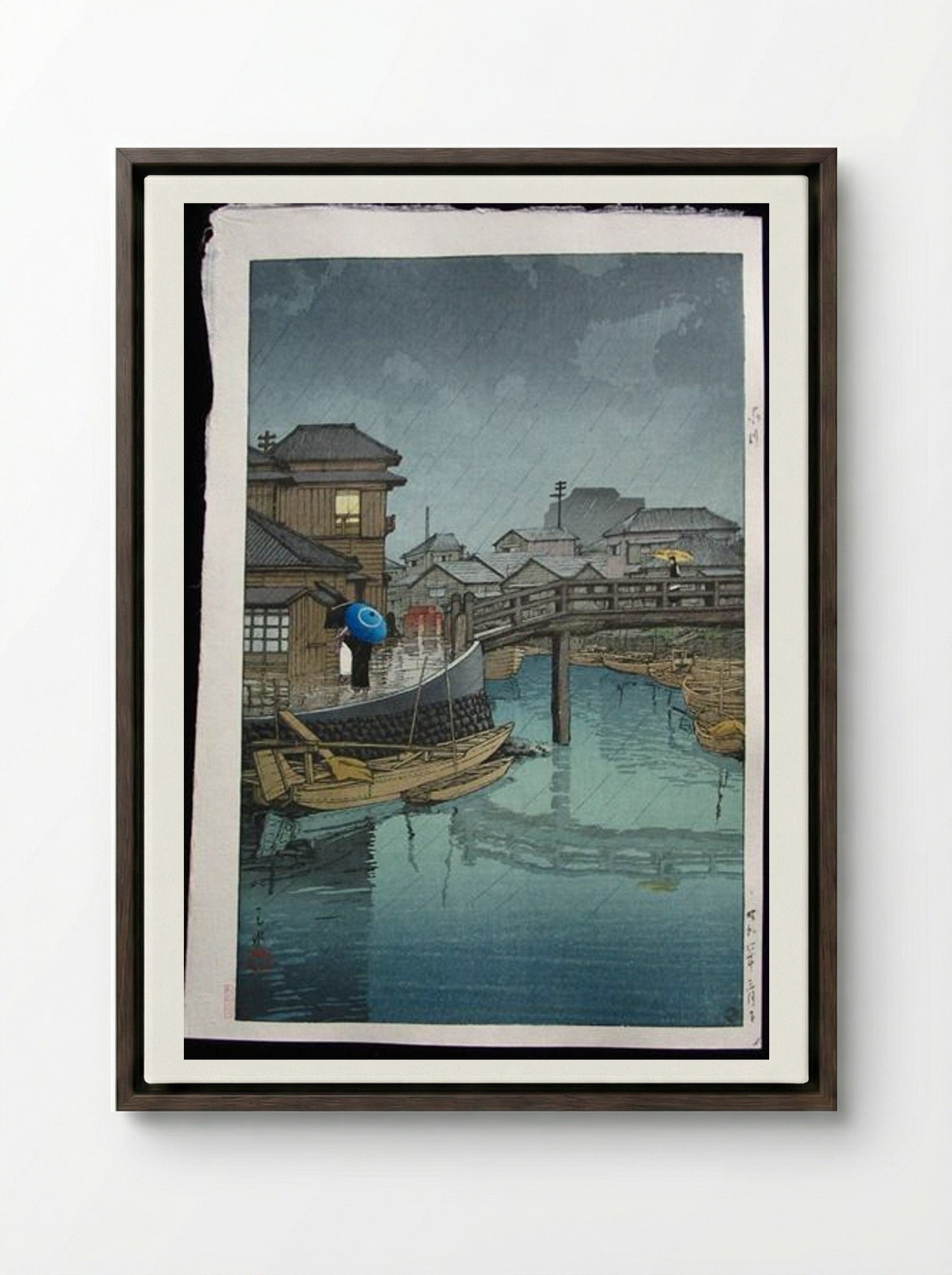 Rainy Season at Ryoshimachi - Hasui Kawase - Framed Canvas Dark Wood