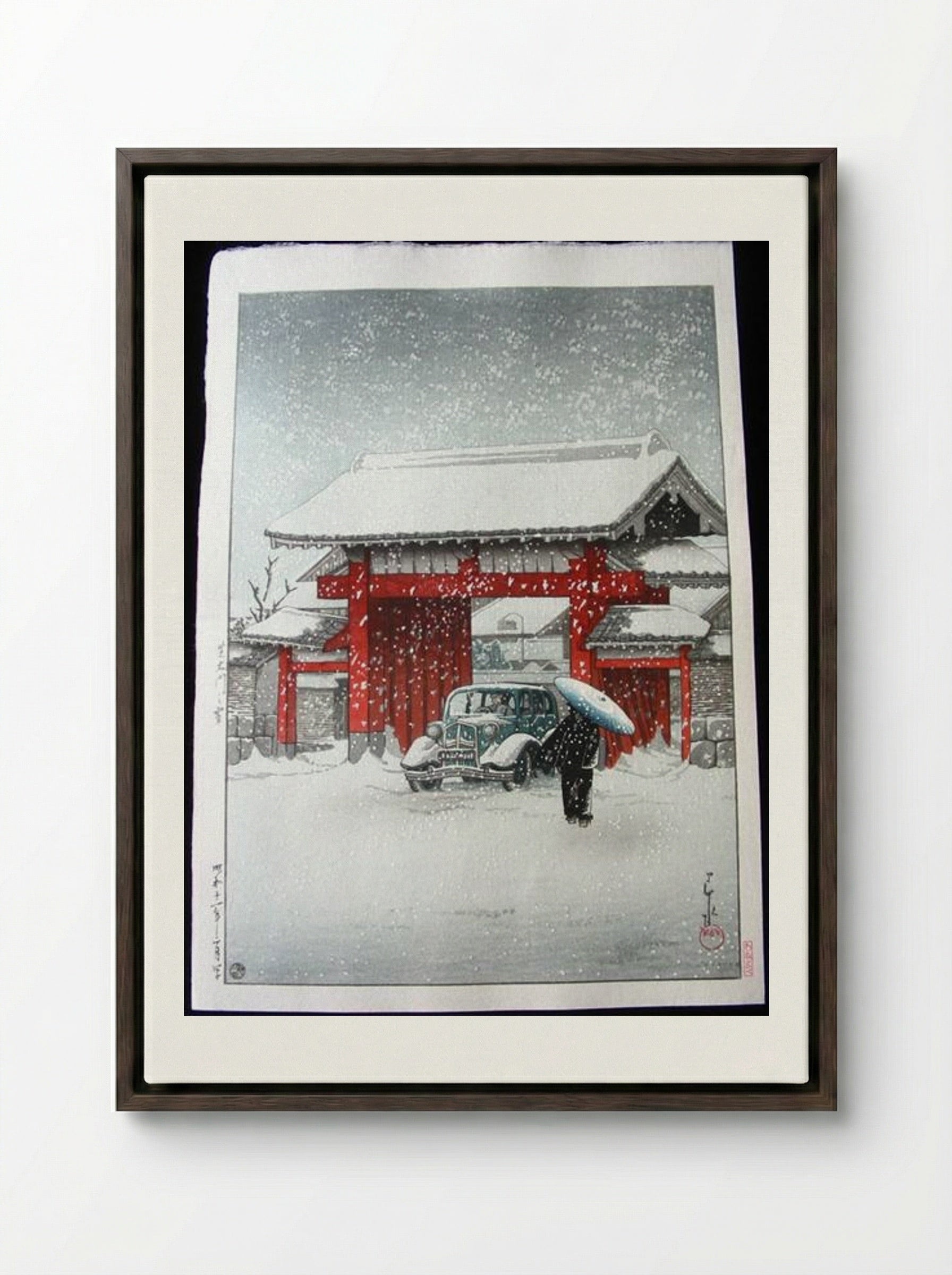 Snow at Shiba Daimon - Hasui Kawase - Framed Canvas Dark Wood
