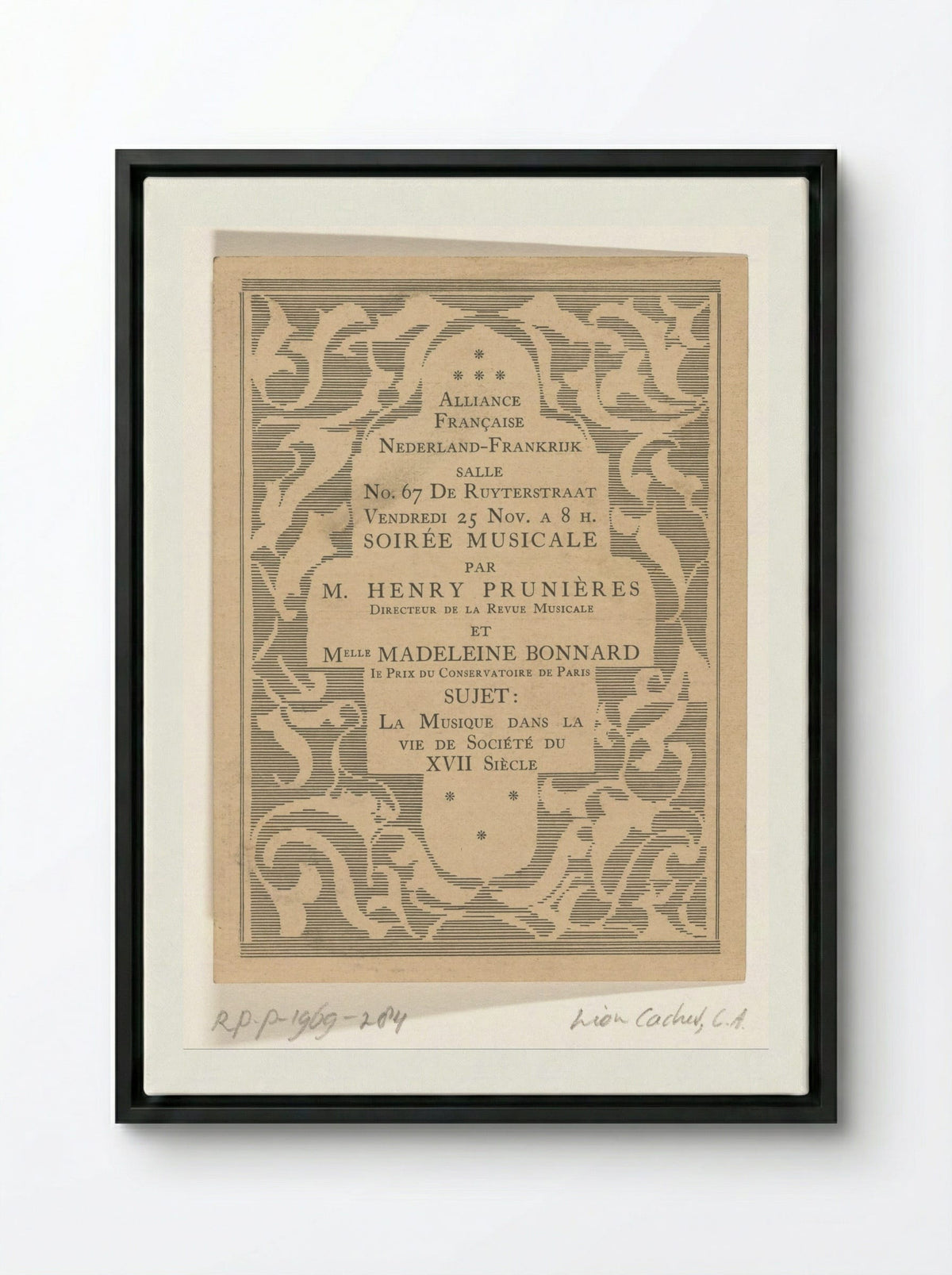 Aankondiging voor muziekavond van de Alliance Française - Carel Adolph Lion Cachet - Framed Canvas Black