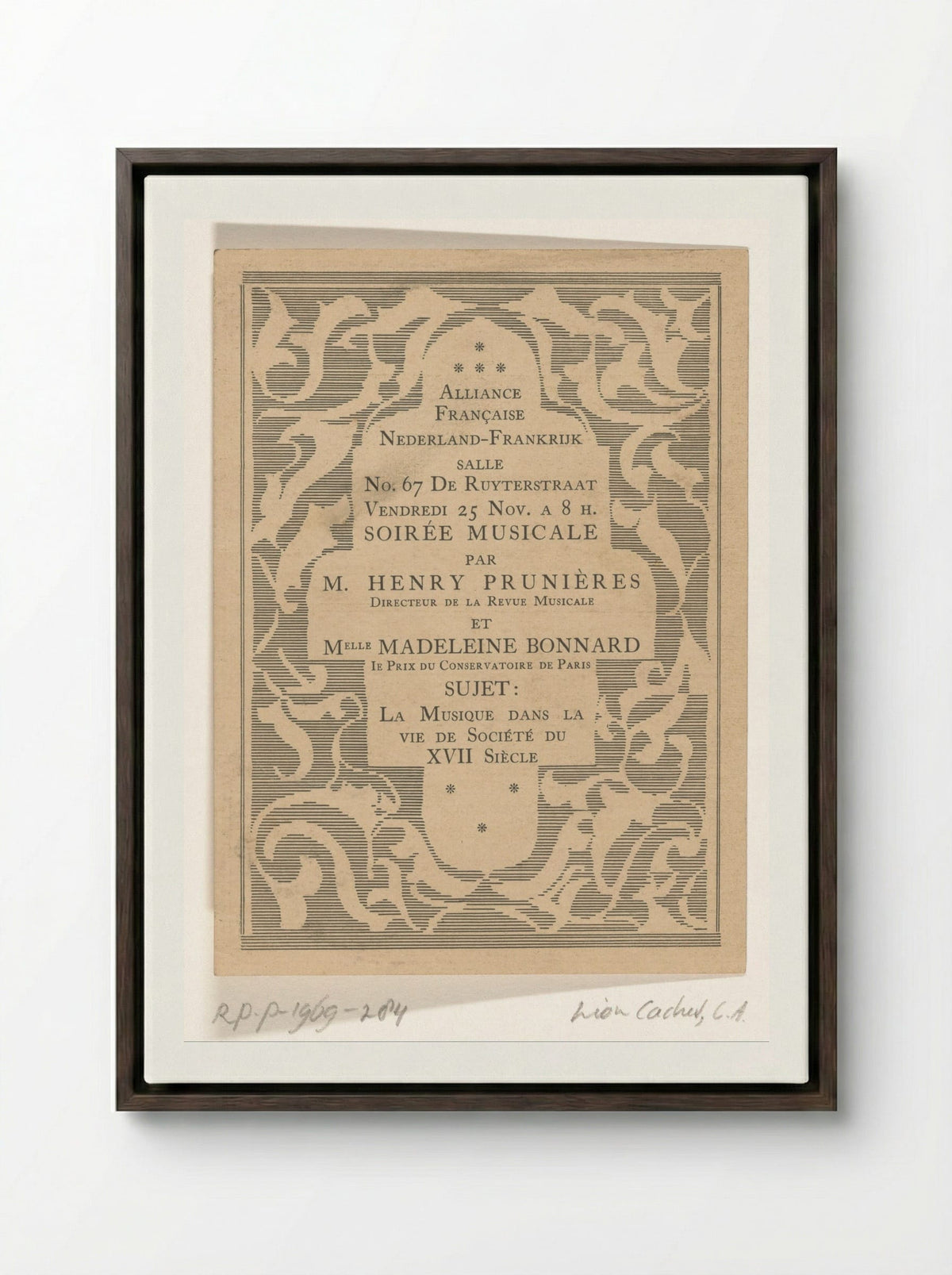 Aankondiging voor muziekavond van de Alliance Française - Carel Adolph Lion Cachet - Framed Canvas Dark Wood