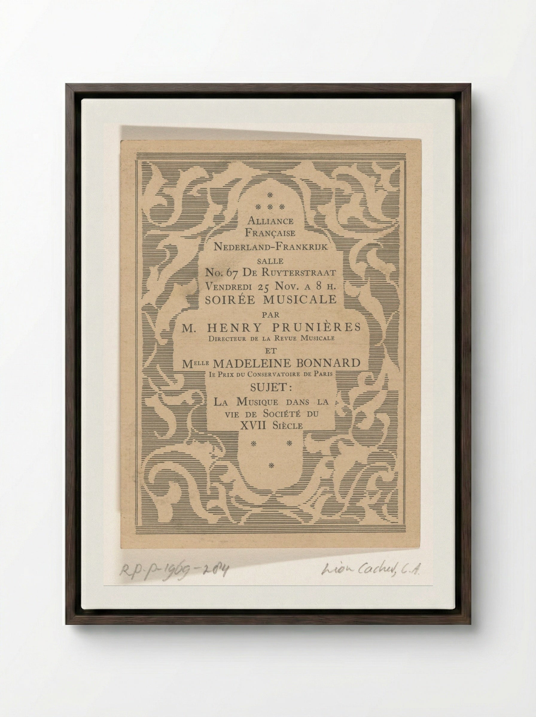 Aankondiging voor muziekavond van de Alliance Française - Carel Adolph Lion Cachet - Framed Canvas Dark Wood