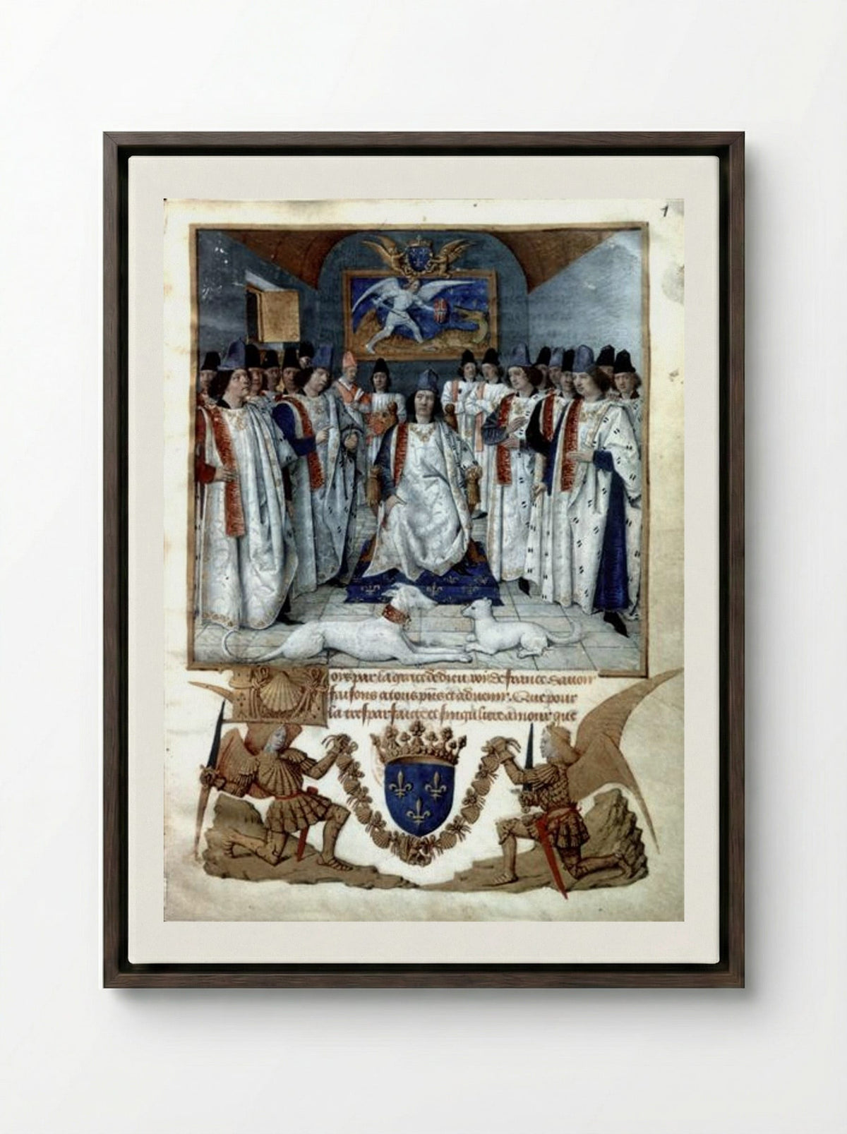 Louis XI presiding over the Chapter of the Order of Saint Michael - Jean Fouquet - Framed Canvas Dark Wood