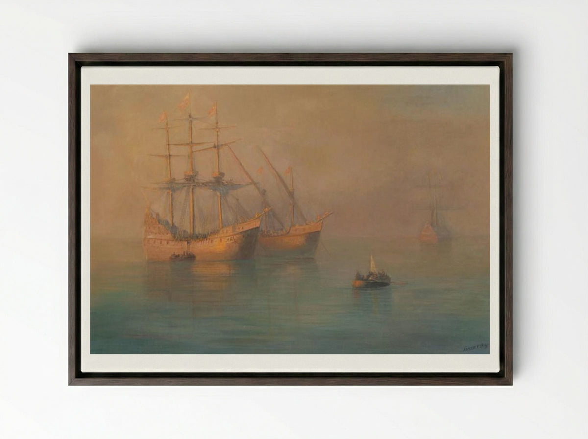 Ships of Columbus - Ivan Aivazovsky - Framed Canvas Dark Wood