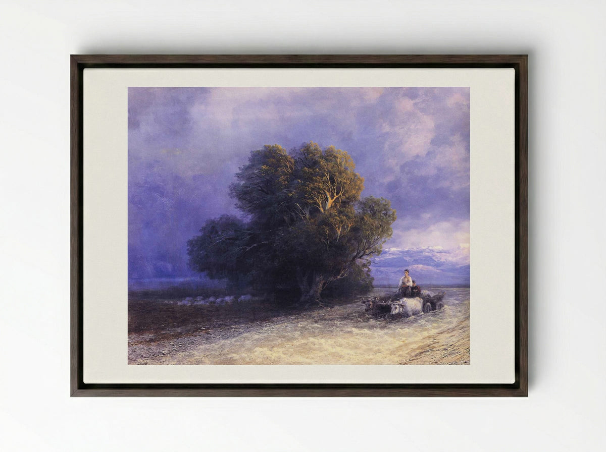 Ox Cart Crossing a Flooded Plain - Ivan Aivazovsky - Framed Canvas Dark Wood
