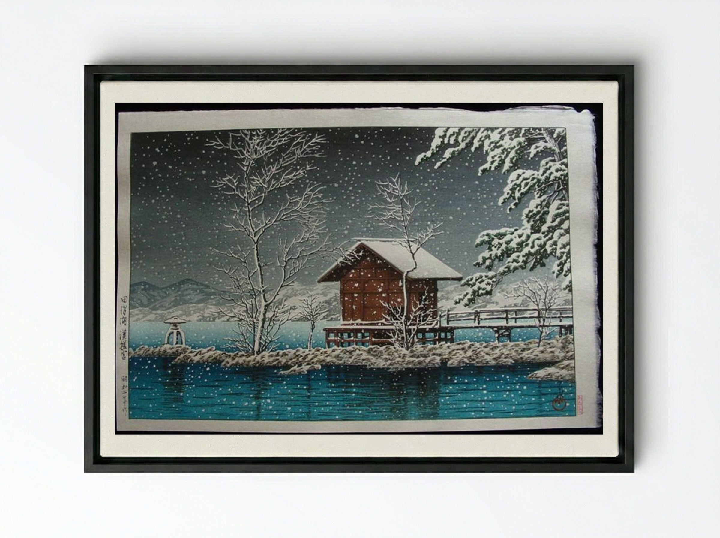 Kansau Shrine in Snow at Lake Tazawa - Hasui Kawase - Framed Canvas Black