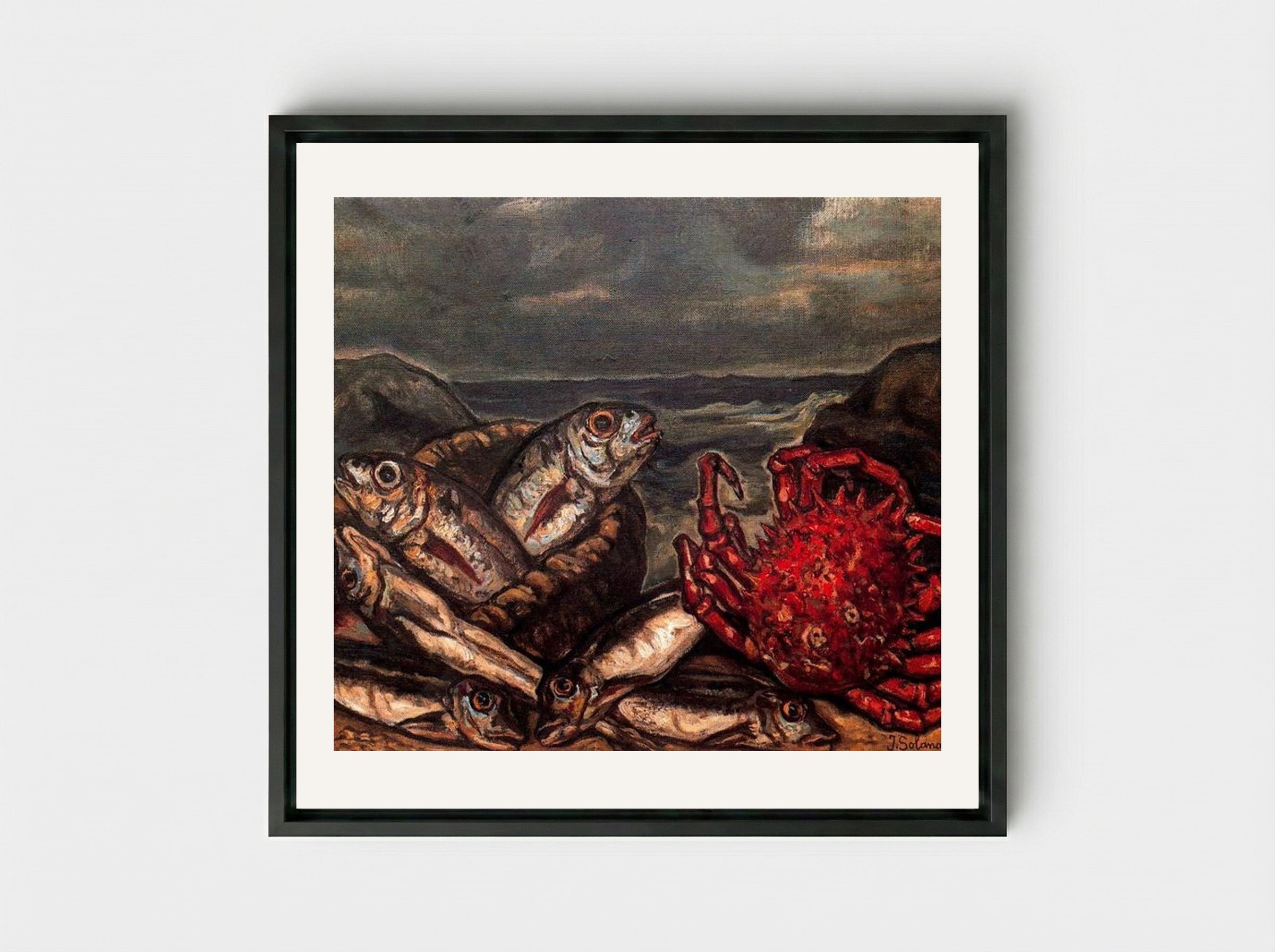 Fish and Crab - José Gutiérrez Solana - Framed Canvas Black