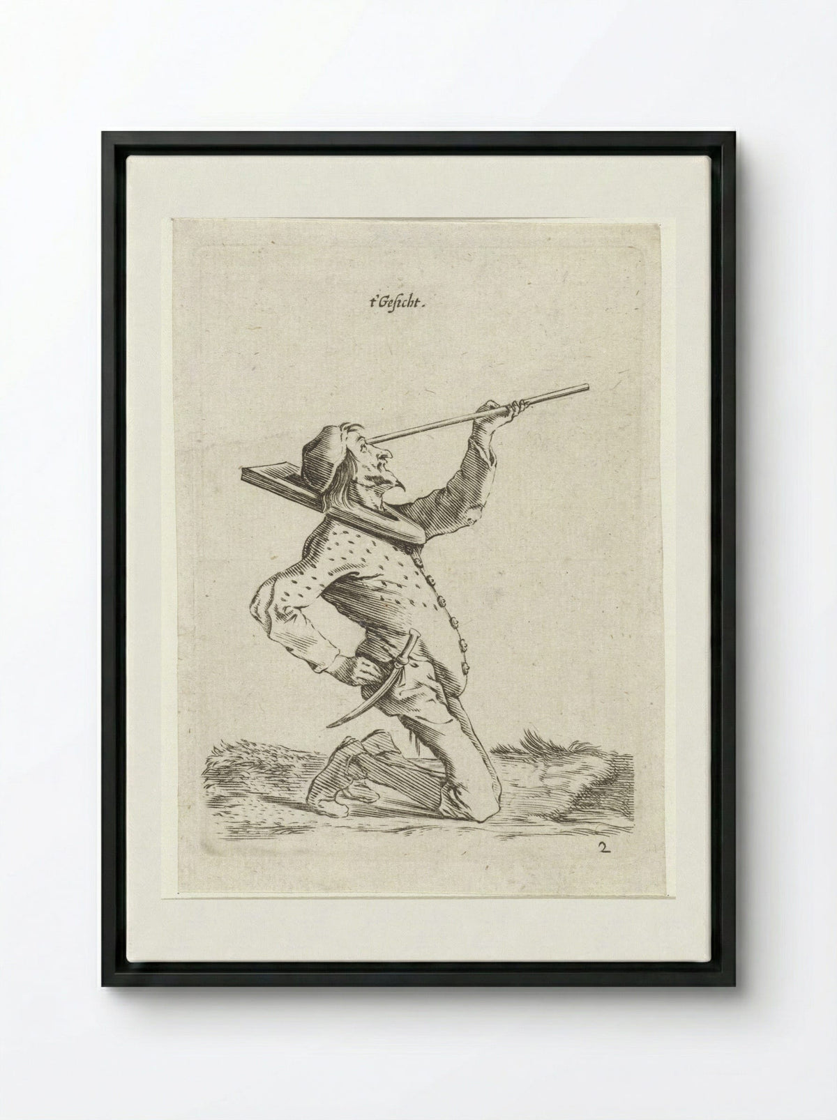 Man die langs een stok tuurt (Sight) - Cornelis Saftleven - Framed Canvas Black