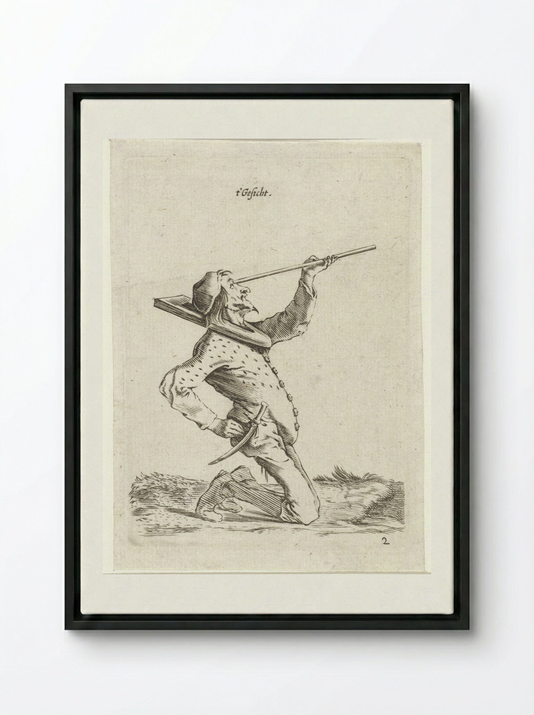 Man die langs een stok tuurt (Sight) - Cornelis Saftleven - Framed Canvas Black