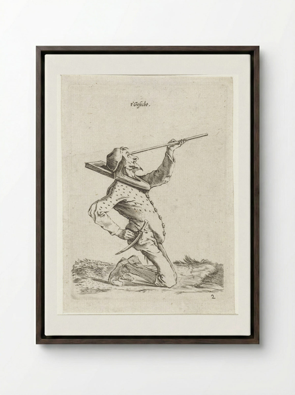 Man die langs een stok tuurt (Sight) - Cornelis Saftleven - Framed Canvas Dark Wood