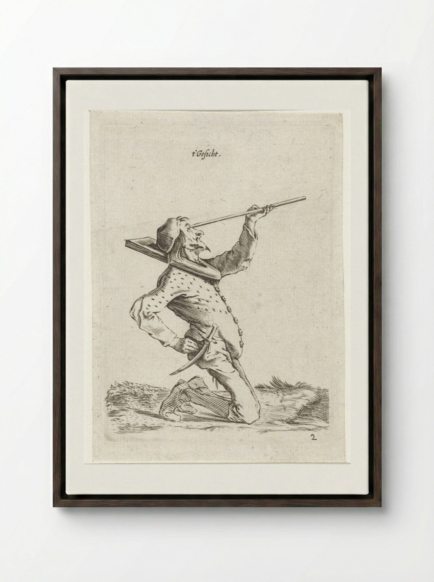 Man die langs een stok tuurt (Sight) - Cornelis Saftleven - Framed Canvas Dark Wood