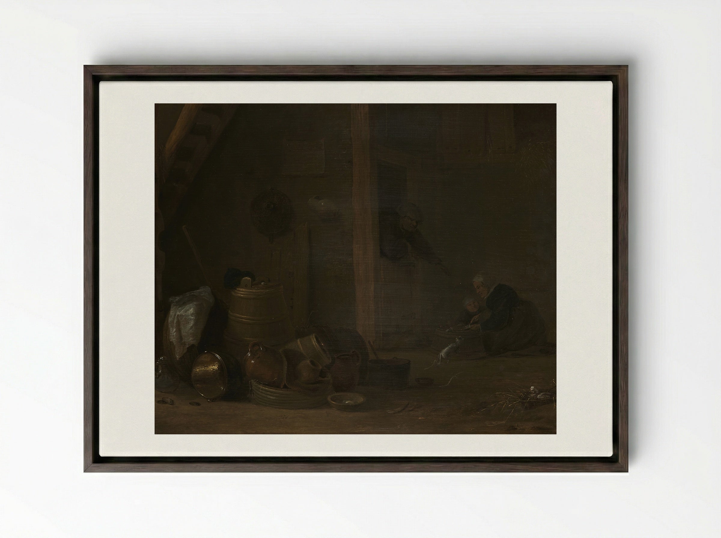 A Barn Interior with Two Goats - Cornelis Saftleven - Framed Canvas Dark Wood
