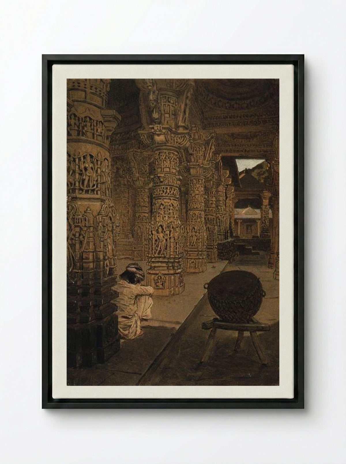 The Colonnade in the Jain Temple at Mount Abu in the Evening - Vasily Vereshchagin - Framed Canvas Black