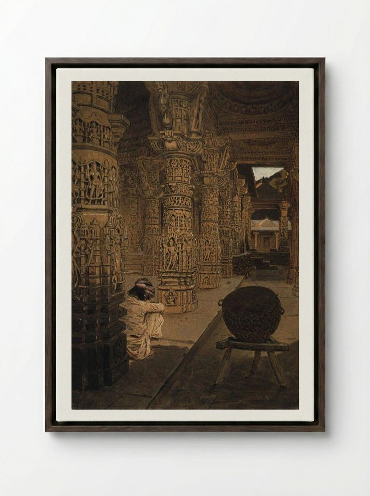 The Colonnade in the Jain Temple at Mount Abu in the Evening - Vasily Vereshchagin - Framed Canvas Dark Wood