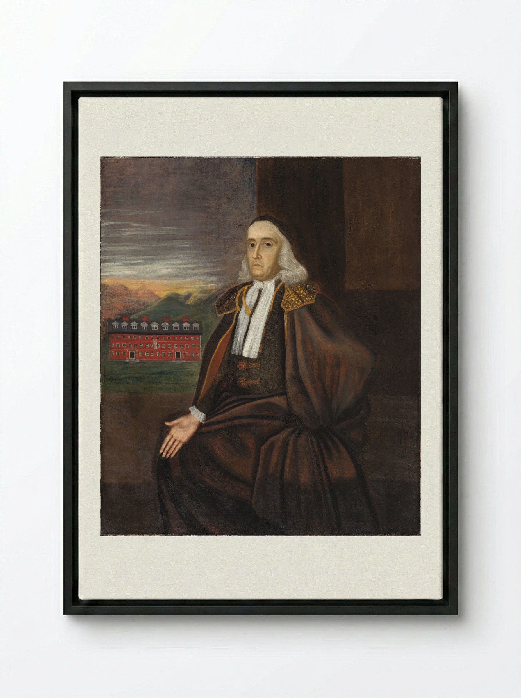 Portrait of William Stoughton - Unidentified Artist - Framed Canvas Black