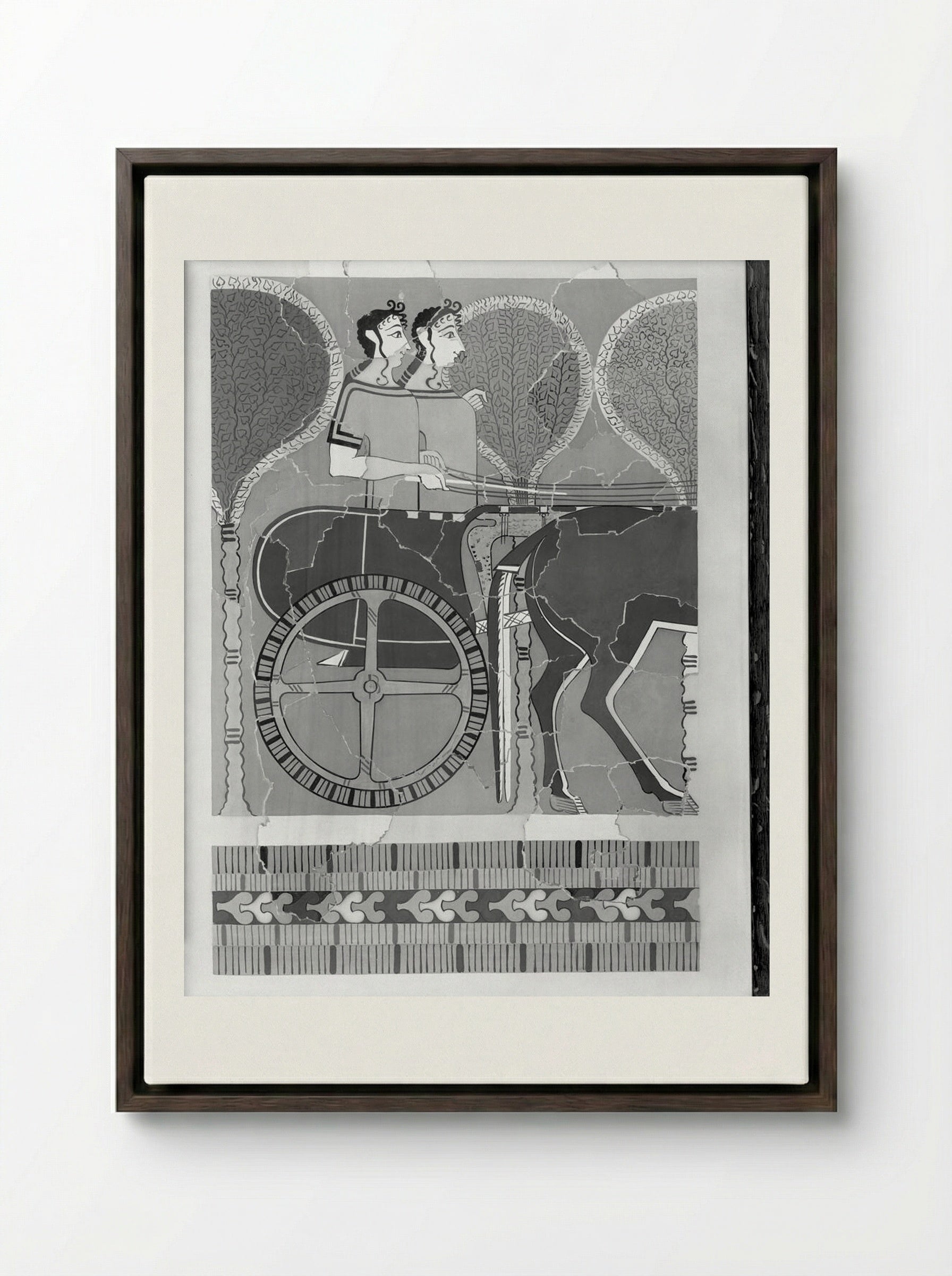 Women in a Chariot (after a fresco from the Palace of Tiryns) - Fine Art Print - Framed Canvas Dark Wood