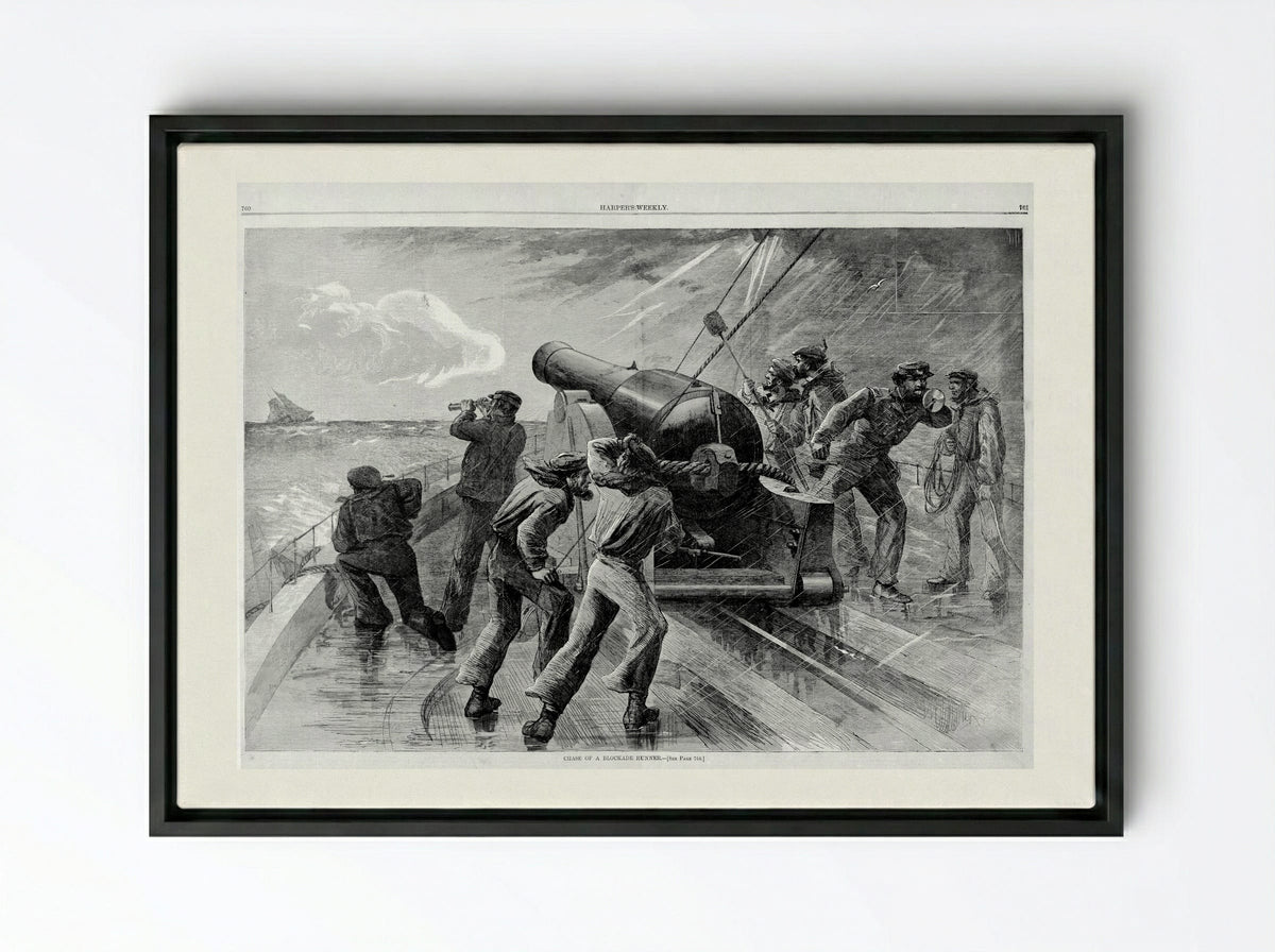 Chase of a Blockade Runner - Fine Art Print - Framed Canvas Black