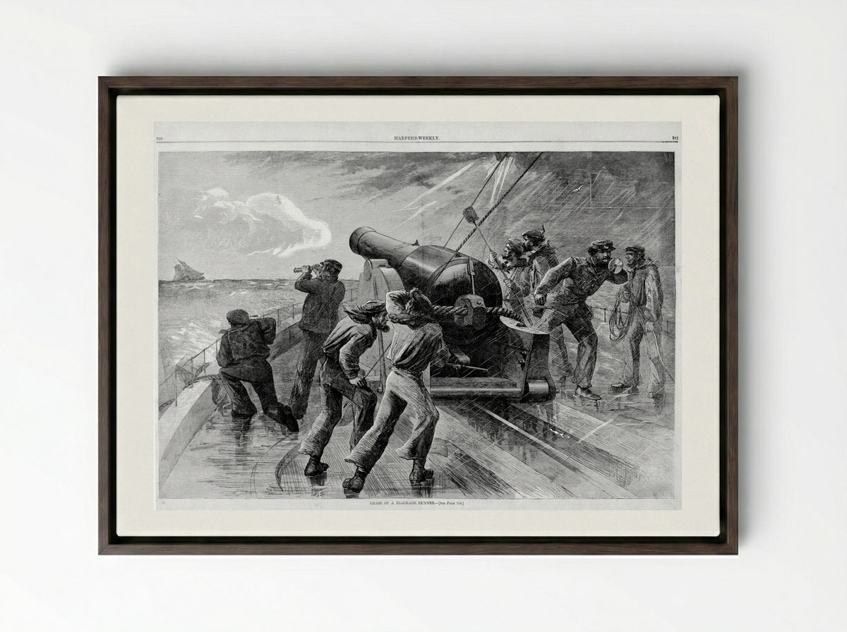 Chase of a Blockade Runner - Fine Art Print - Framed Canvas Dark Wood