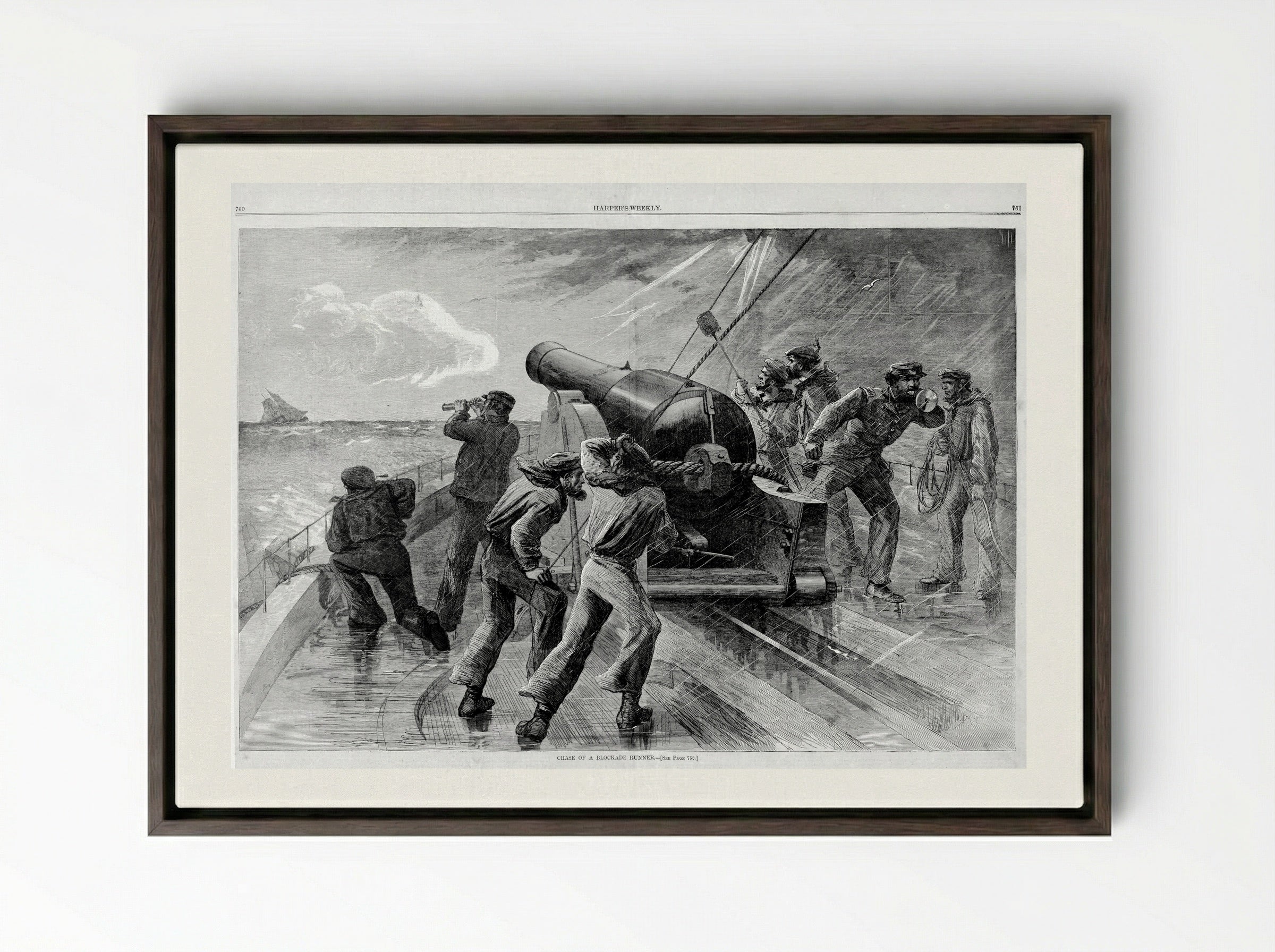 Chase of a Blockade Runner - Fine Art Print - Framed Canvas Dark Wood