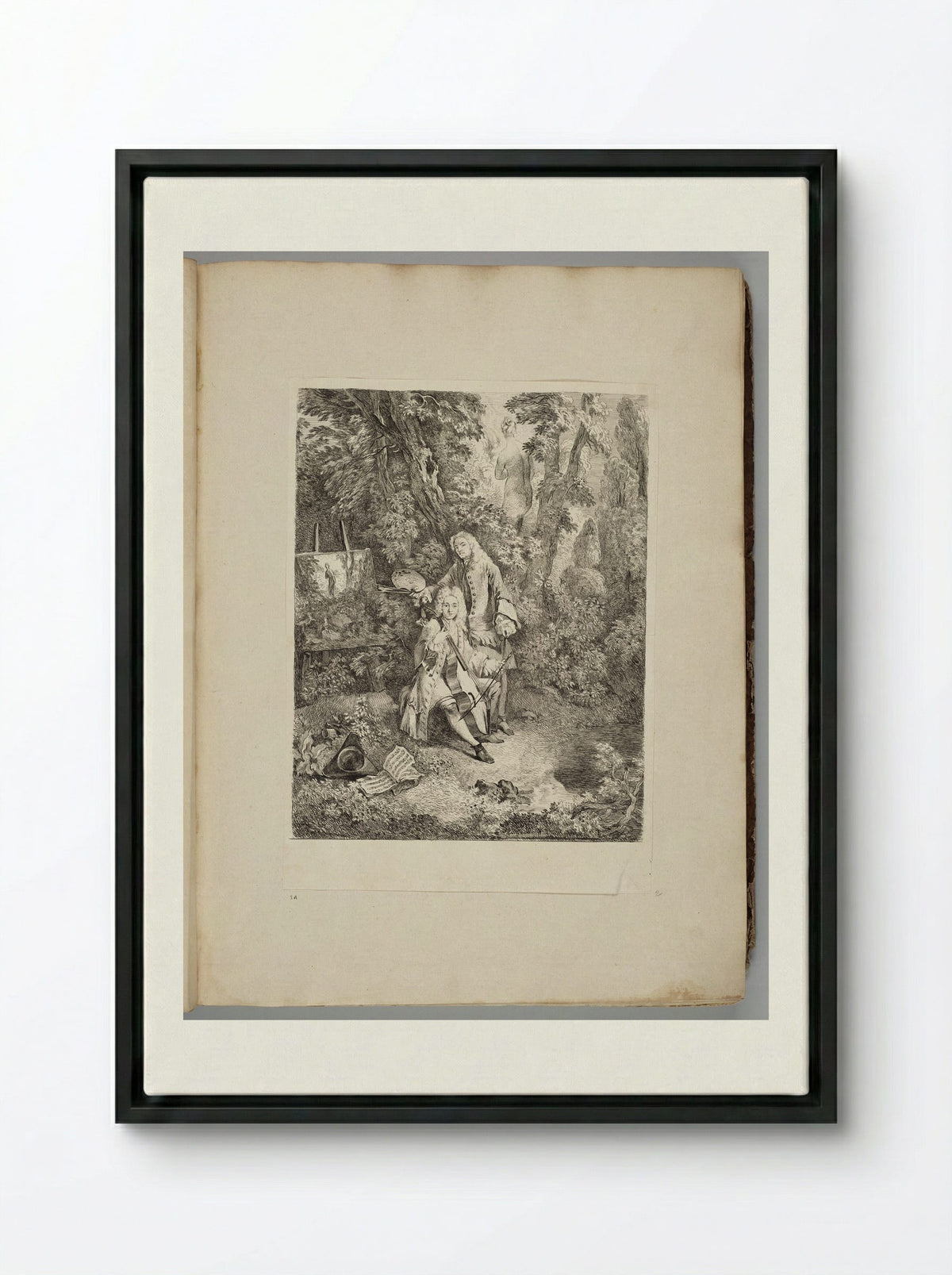 Watteau at His Easel, Jullienne Playing the Cello, in a Shady Grove - Fine Art Print - Framed Canvas Black
