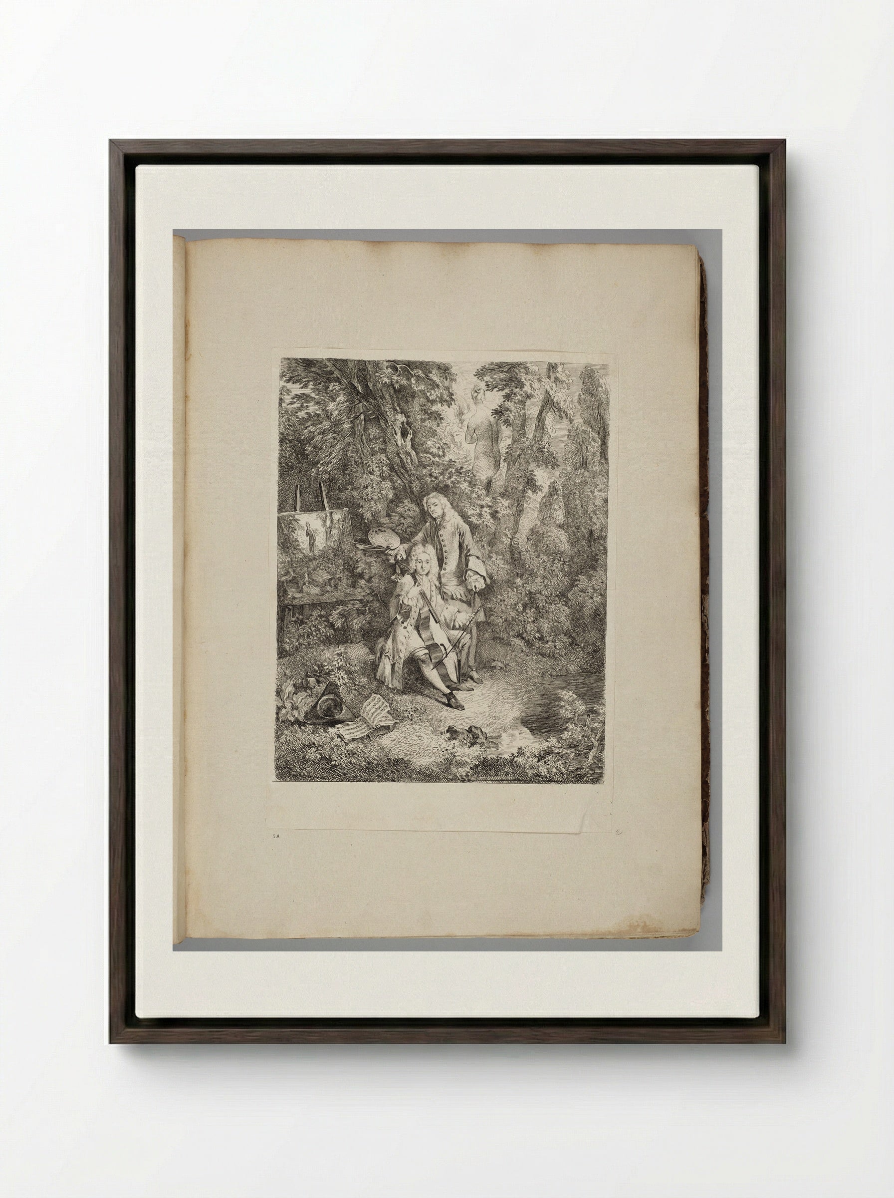 Watteau at His Easel, Jullienne Playing the Cello, in a Shady Grove - Fine Art Print - Framed Canvas Dark Wood
