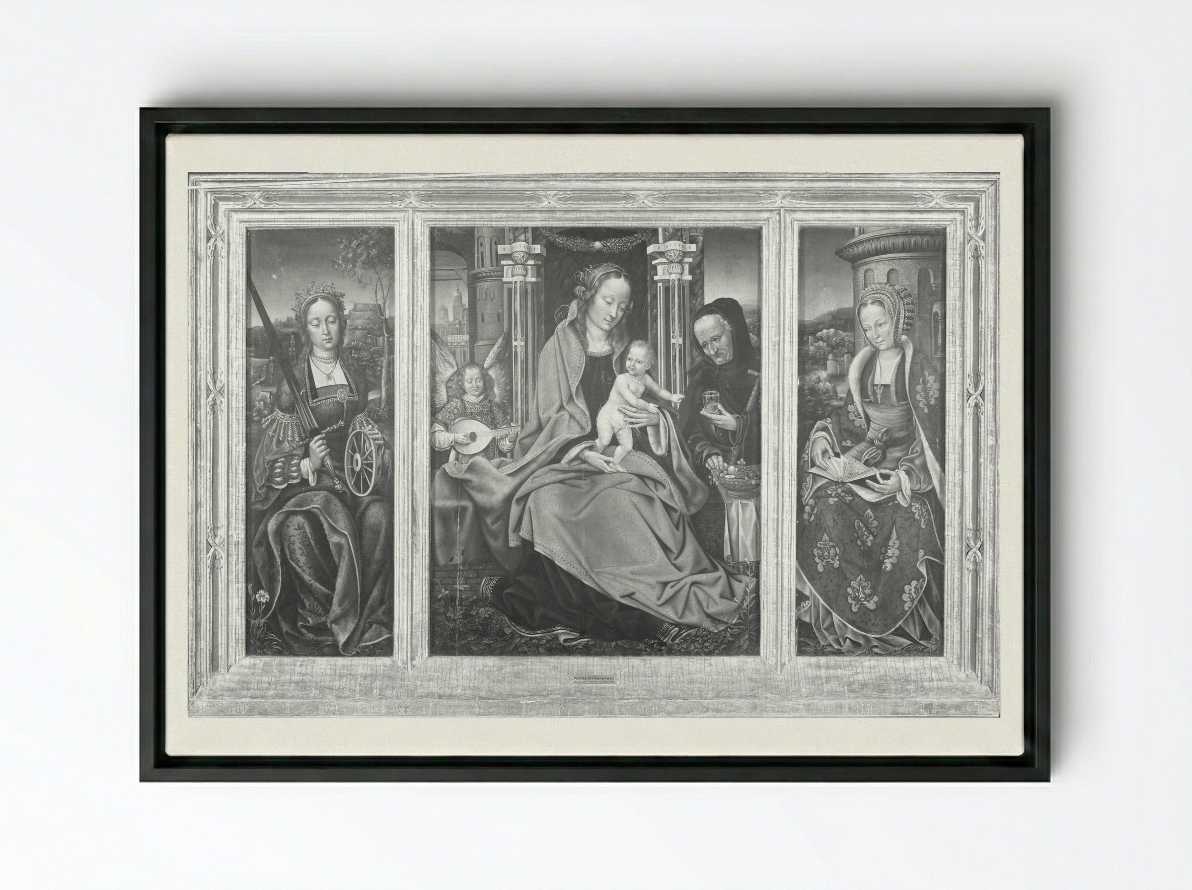 Triptych with the Virgin and Child, Saint Barbara, and Saint Catherine - Master of Frankfurt - Framed Canvas Black