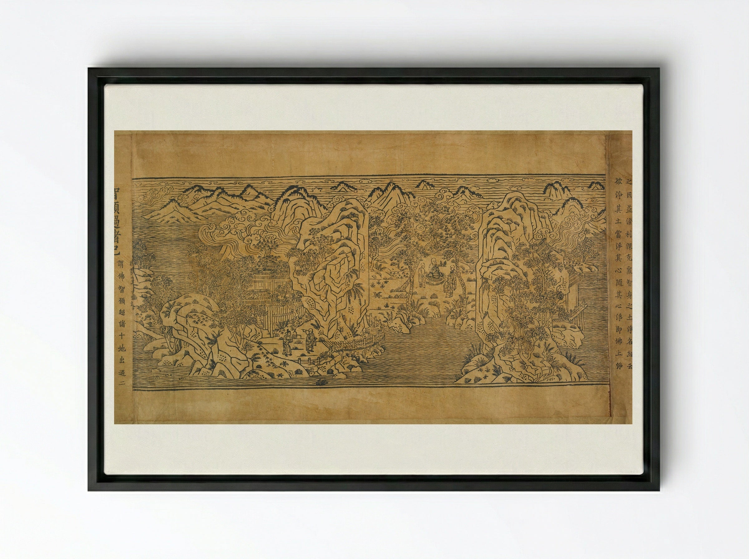 Landscape Illustrations and Leaves 6 through 10 from Chapter Thirteen of the Imperial Commentary on the Buddhist Canon (Tripitaka) - Unknown Artist - Framed Canvas Black