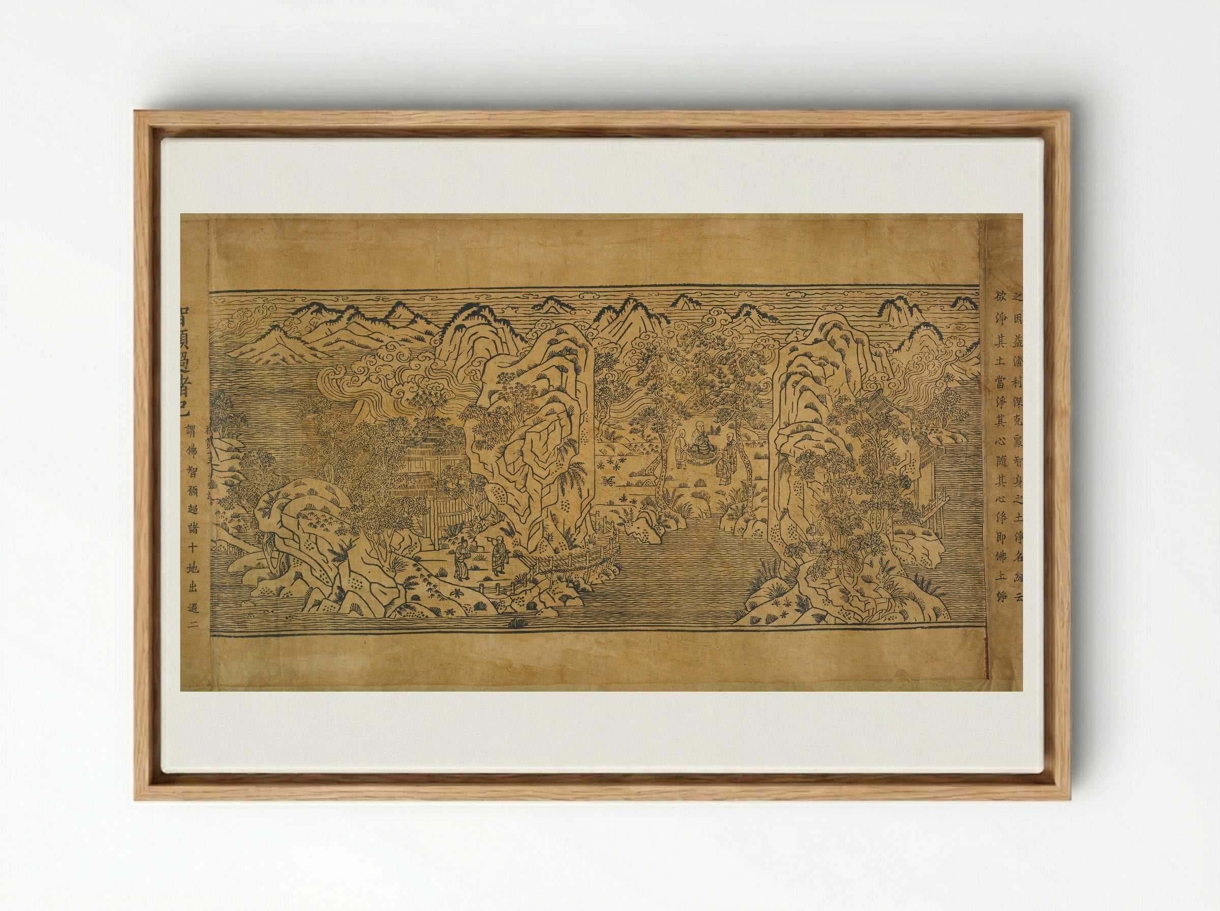 Landscape Illustrations and Leaves 6 through 10 from Chapter Thirteen of the Imperial Commentary on the Buddhist Canon (Tripitaka) - Unknown Artist - Framed Canvas Wood
