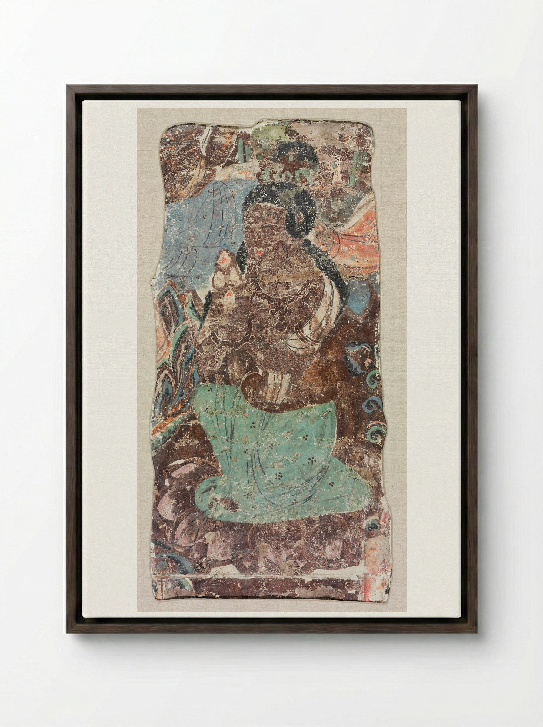 Kneeling Attendant Holding a Triple Jewel - Unknown Artist - Framed Canvas Dark Wood